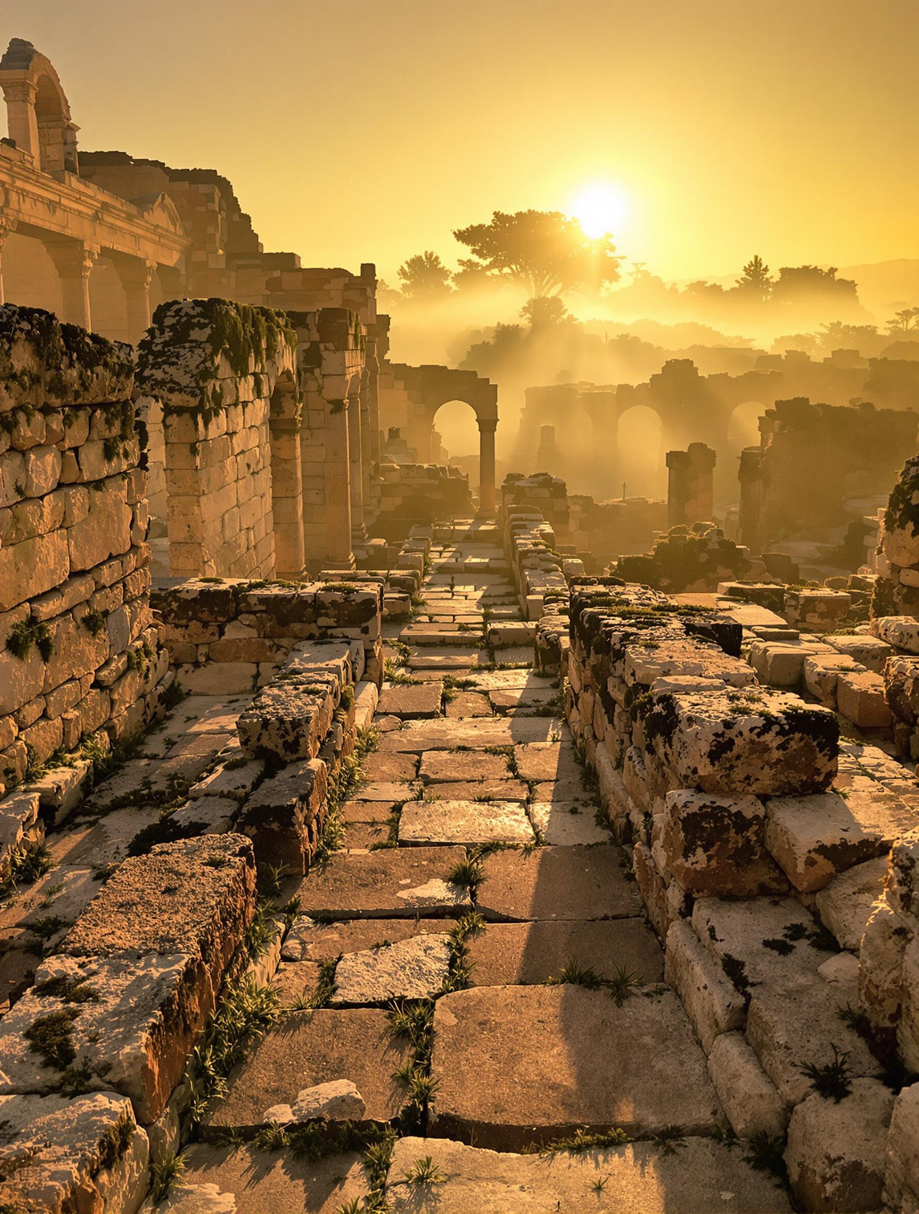 Lever du soleil sur les ruines antiques du parc archéologique Neapolis Syracuse