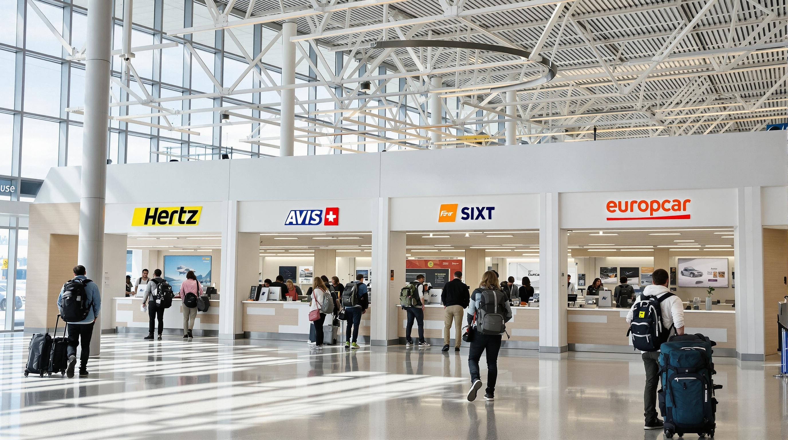 Logos des agences de location de voiture à l'aéroport de Copenhague : Hertz, Avis, Sixt, Europcar