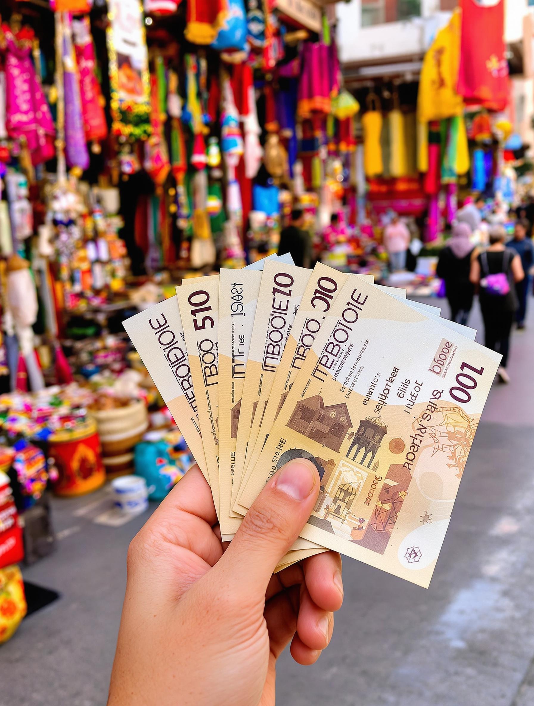 Dirhams devant un marché coloré Tanger budget