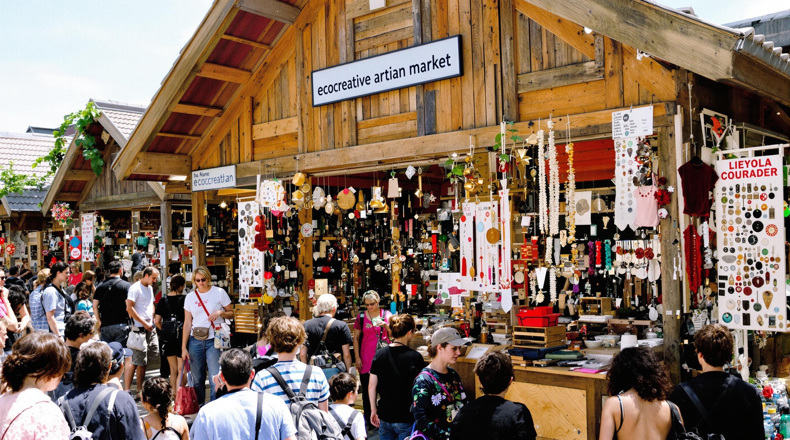 Marché artisanal à Christiania avec étals en bois recyclé et objets éclectiques.