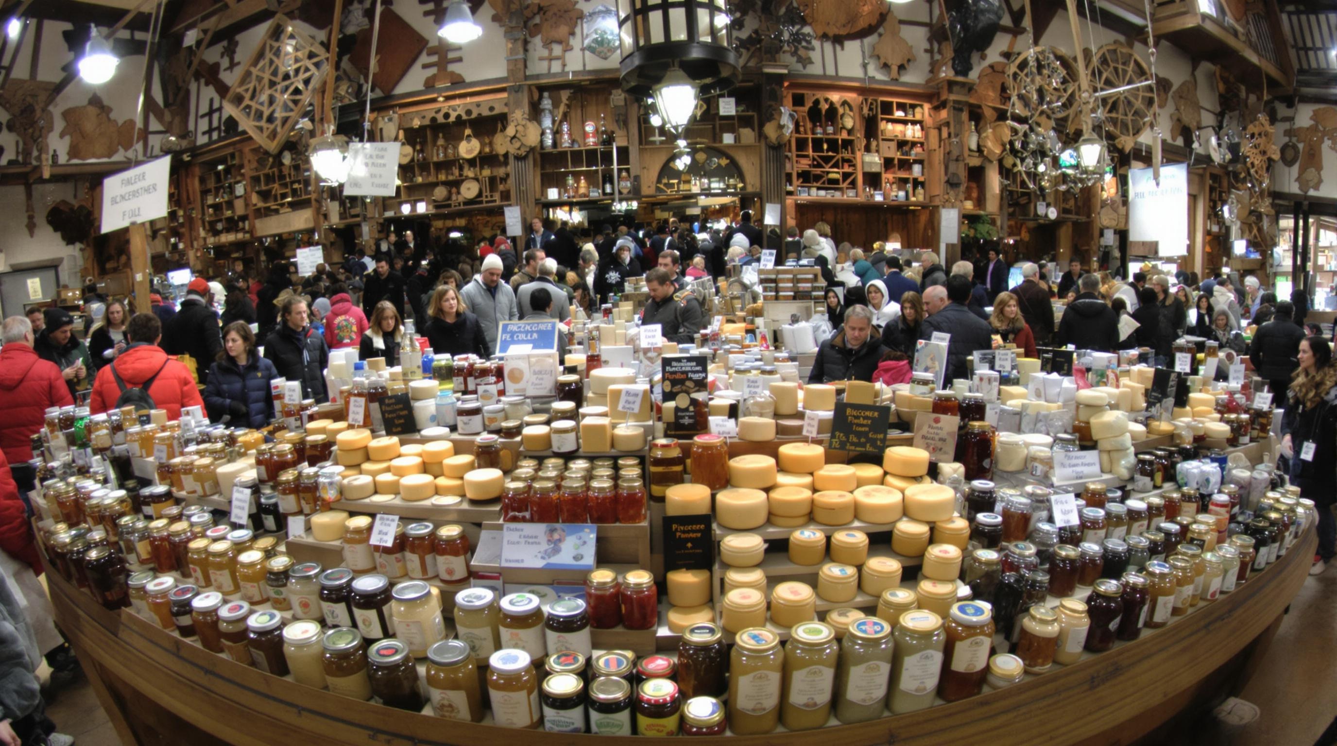 Marché couvert à Luchon avec producteurs locaux, miel et fromages.
