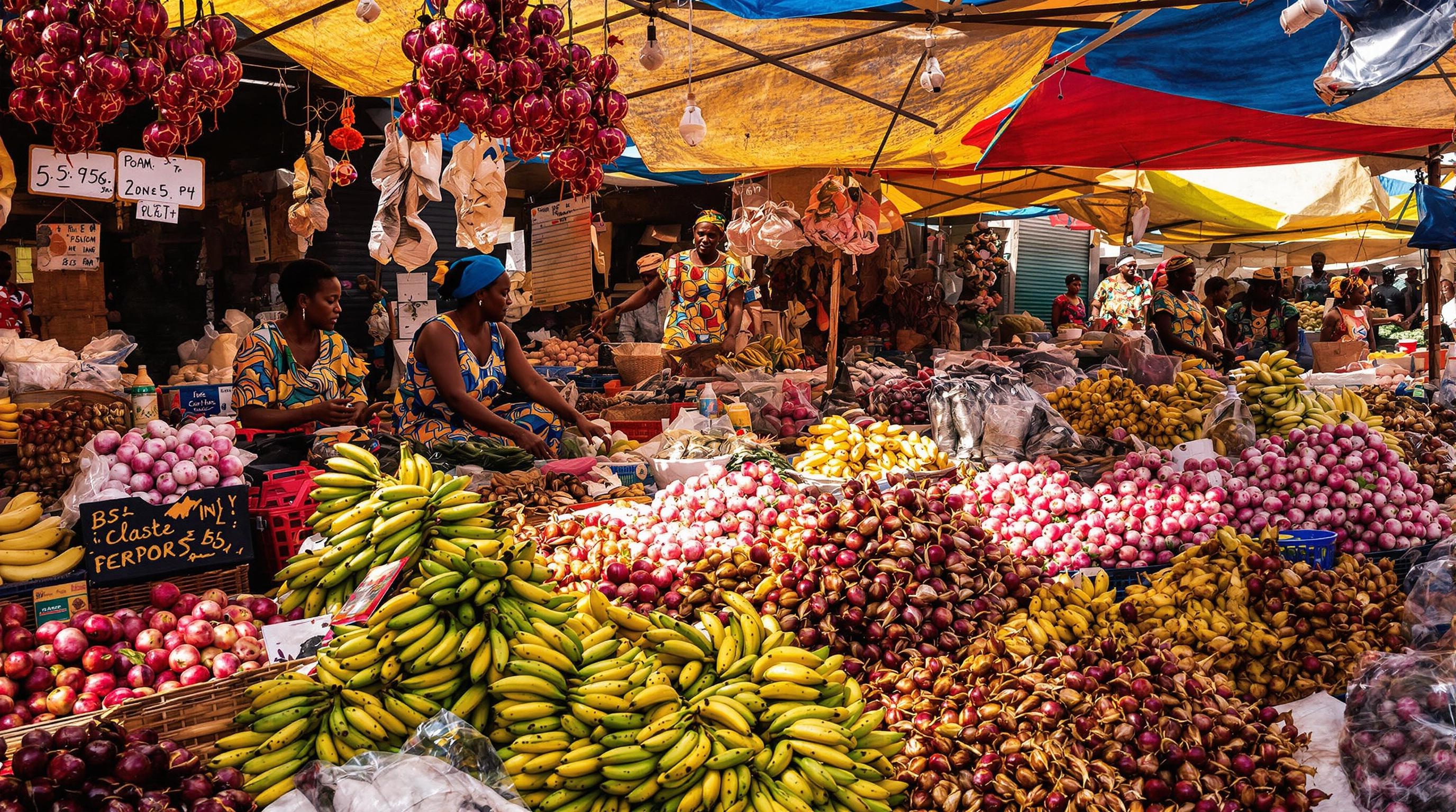 Marché coloré de Dakar, vendeurs animés bananes plantain et poisson fumé