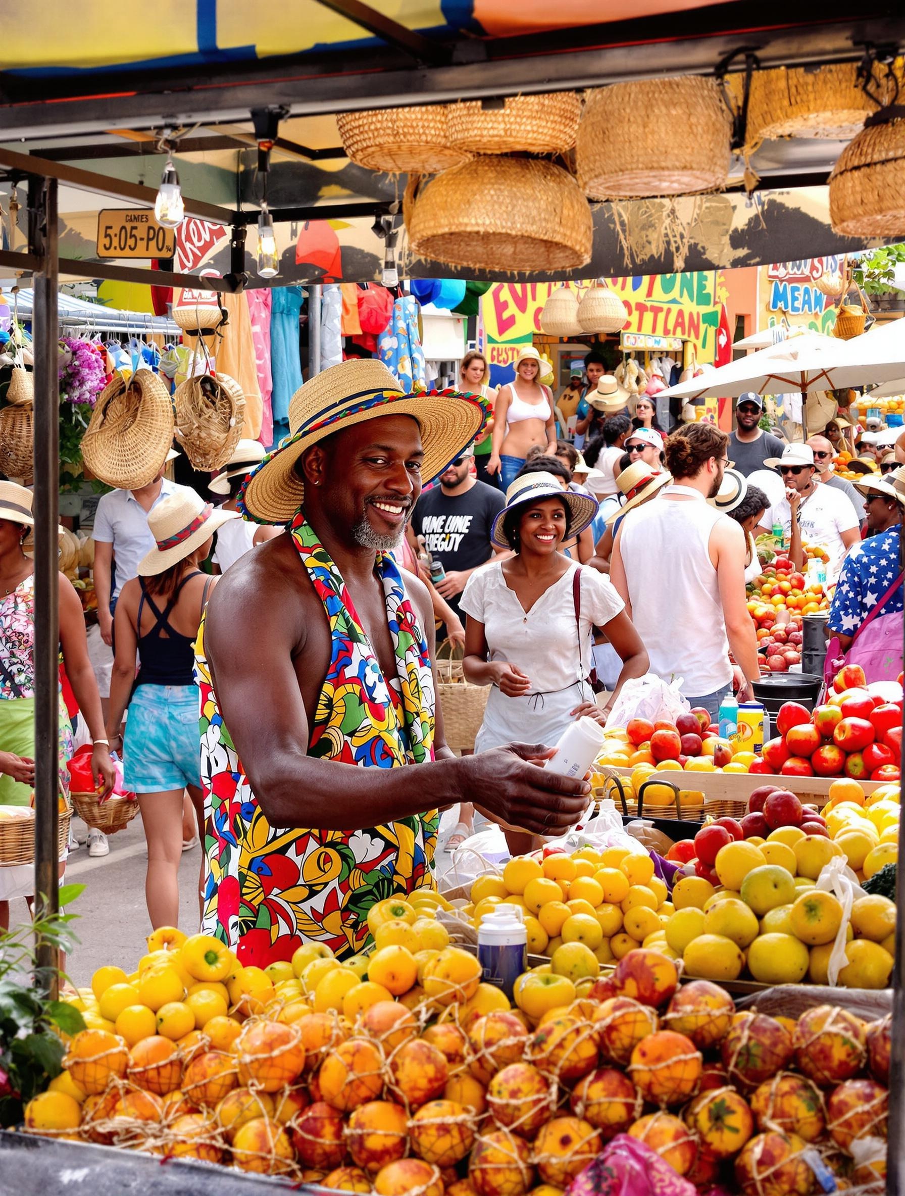Scène de marché matinal à Pointe-à-Pitre : lumière douce, touristes et locaux avec chapeaux en paille, tuk-tuk électrique prêt à partir.