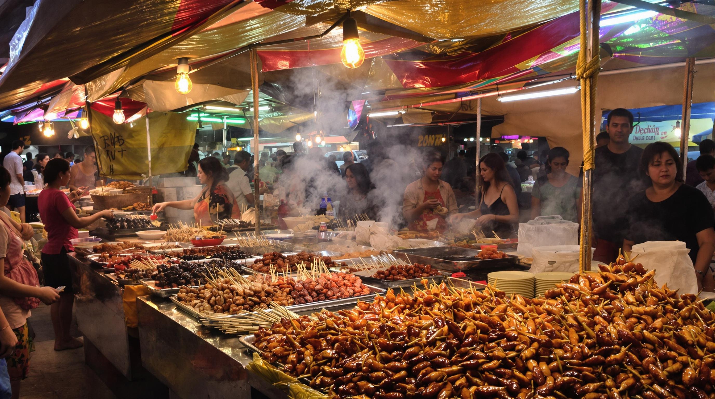 Marché nocturne à Khao Sok avec stands de street food