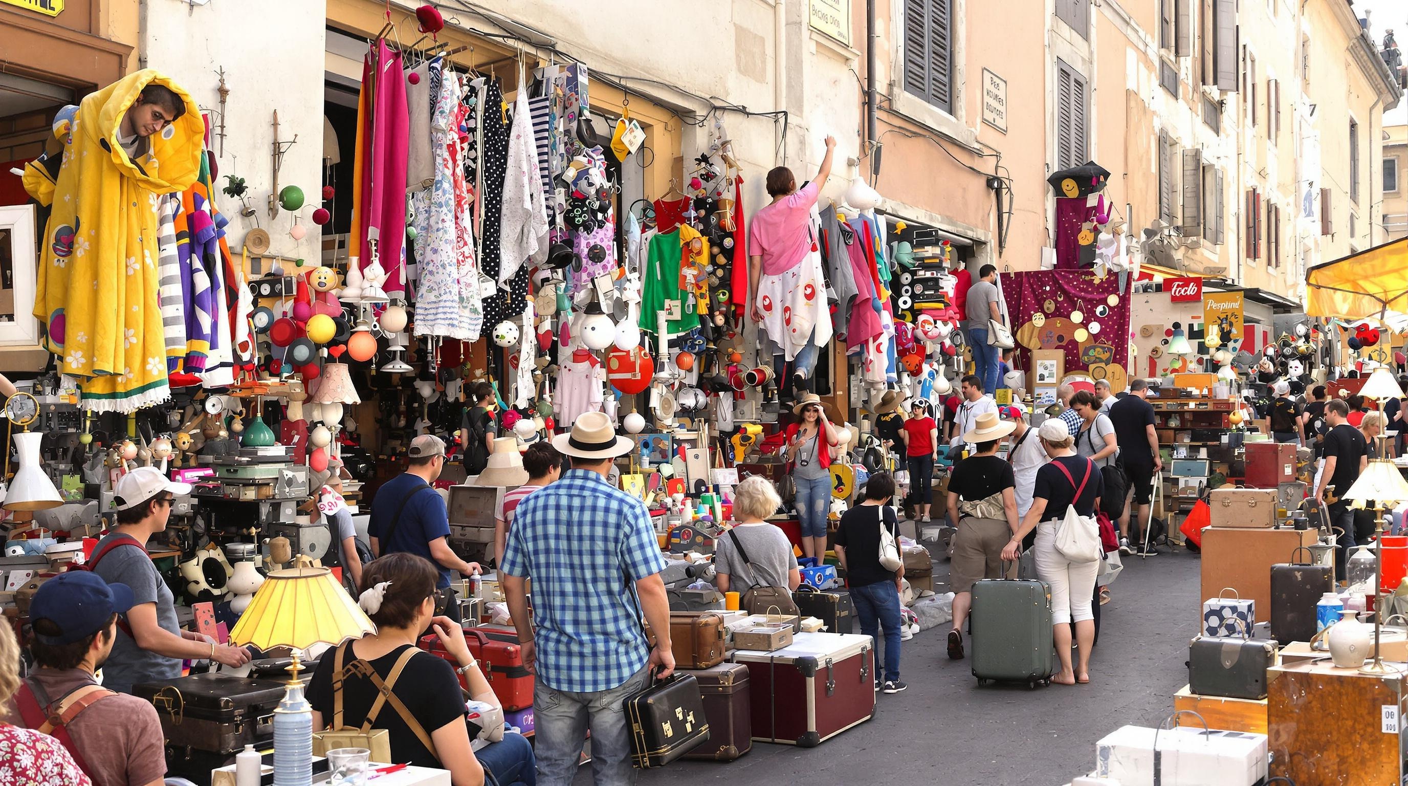 Marché aux puces Porta Portese : foule bariolée, stands bigarrés, ambiance débordante.