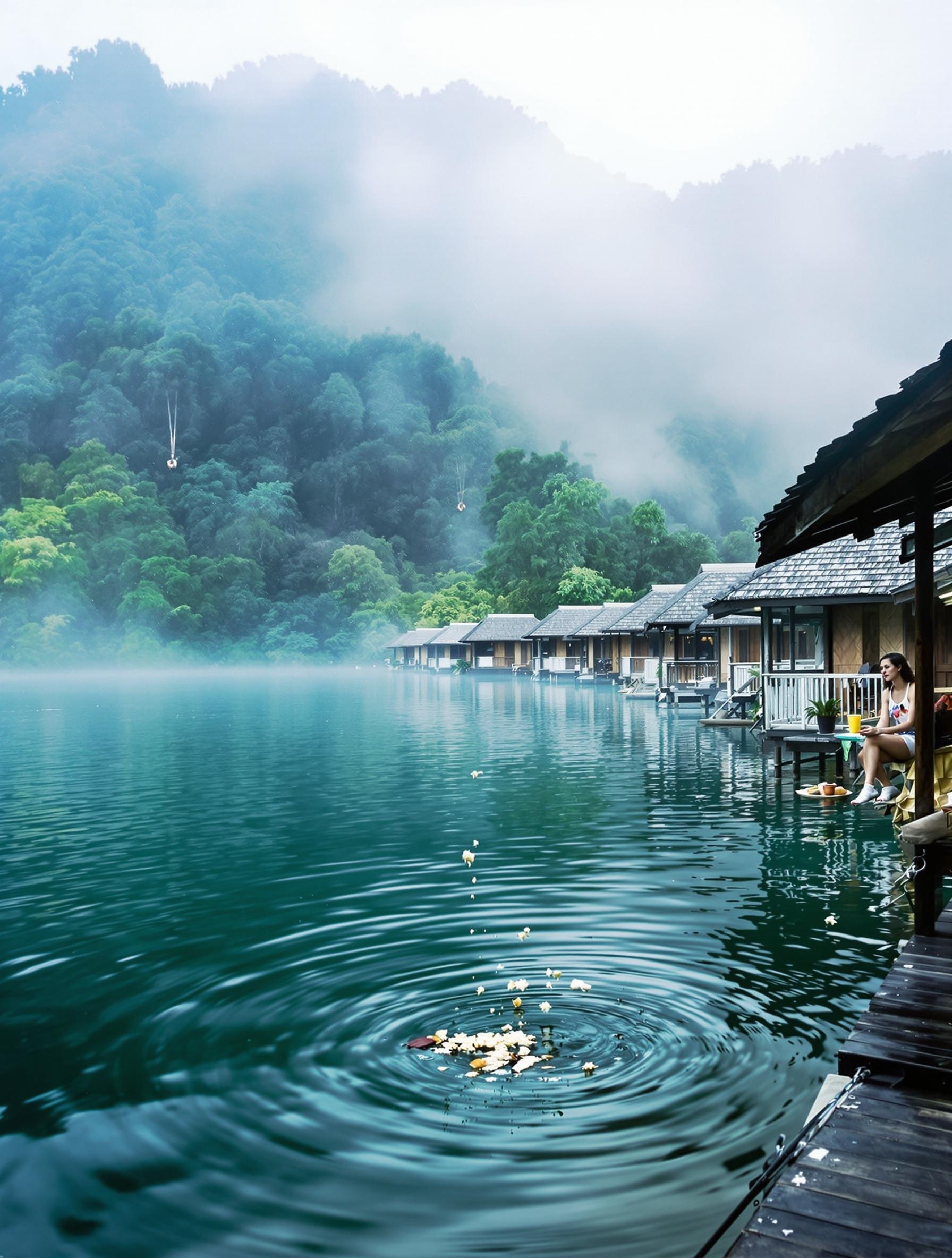 Matin brumeux sur le lac Cheow Lan avec bungalows flottants