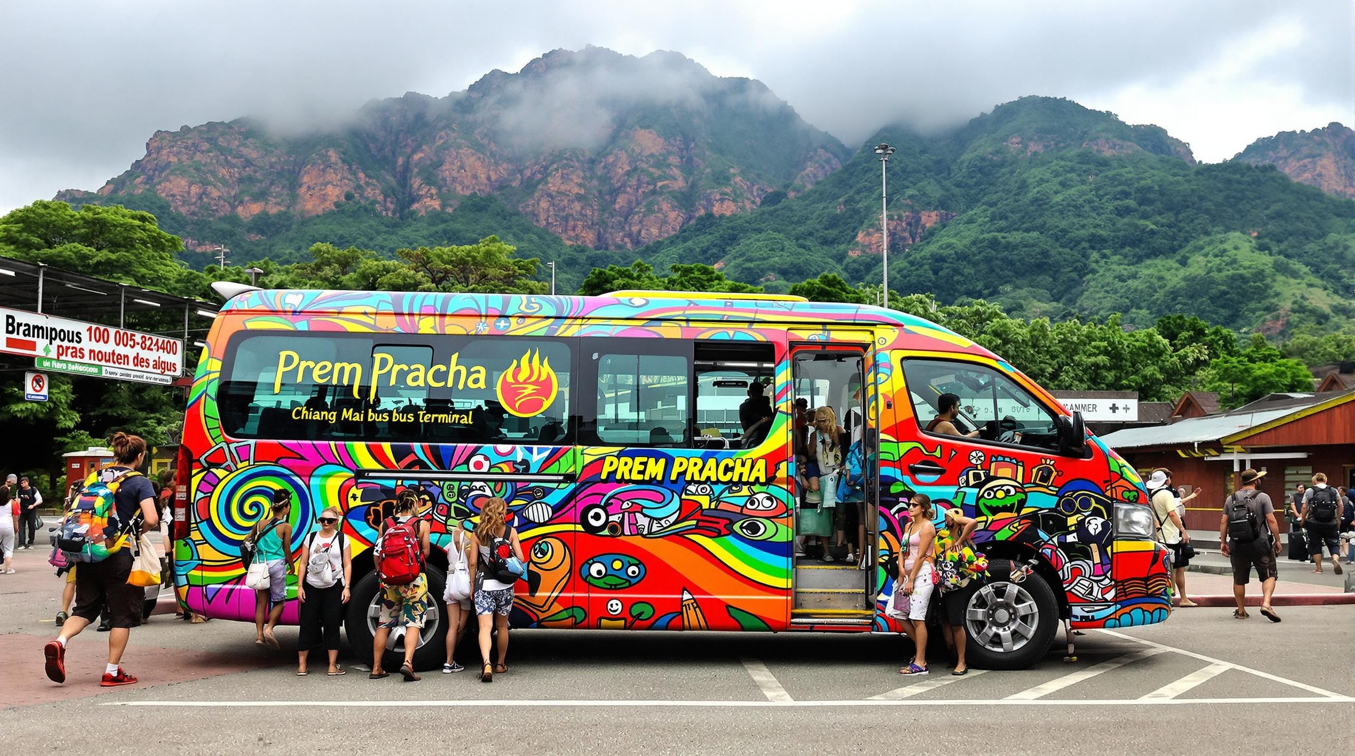 Minivan Prem Pracha coloré devant le terminal de Chiang Mai, ambiance bohème