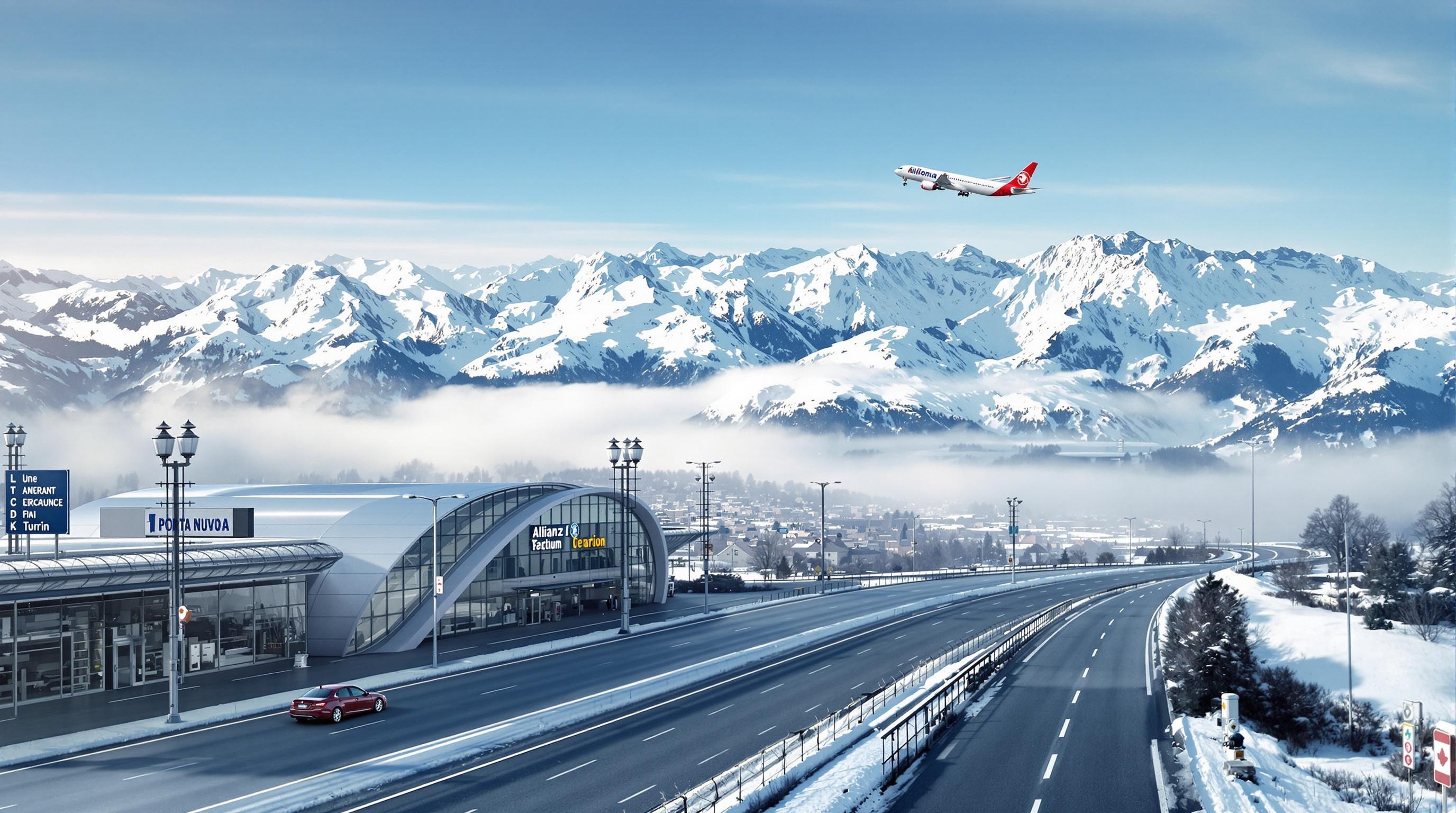 Train, avion et voiture arrivant à Turin avec Allianz Stadium sous la brume