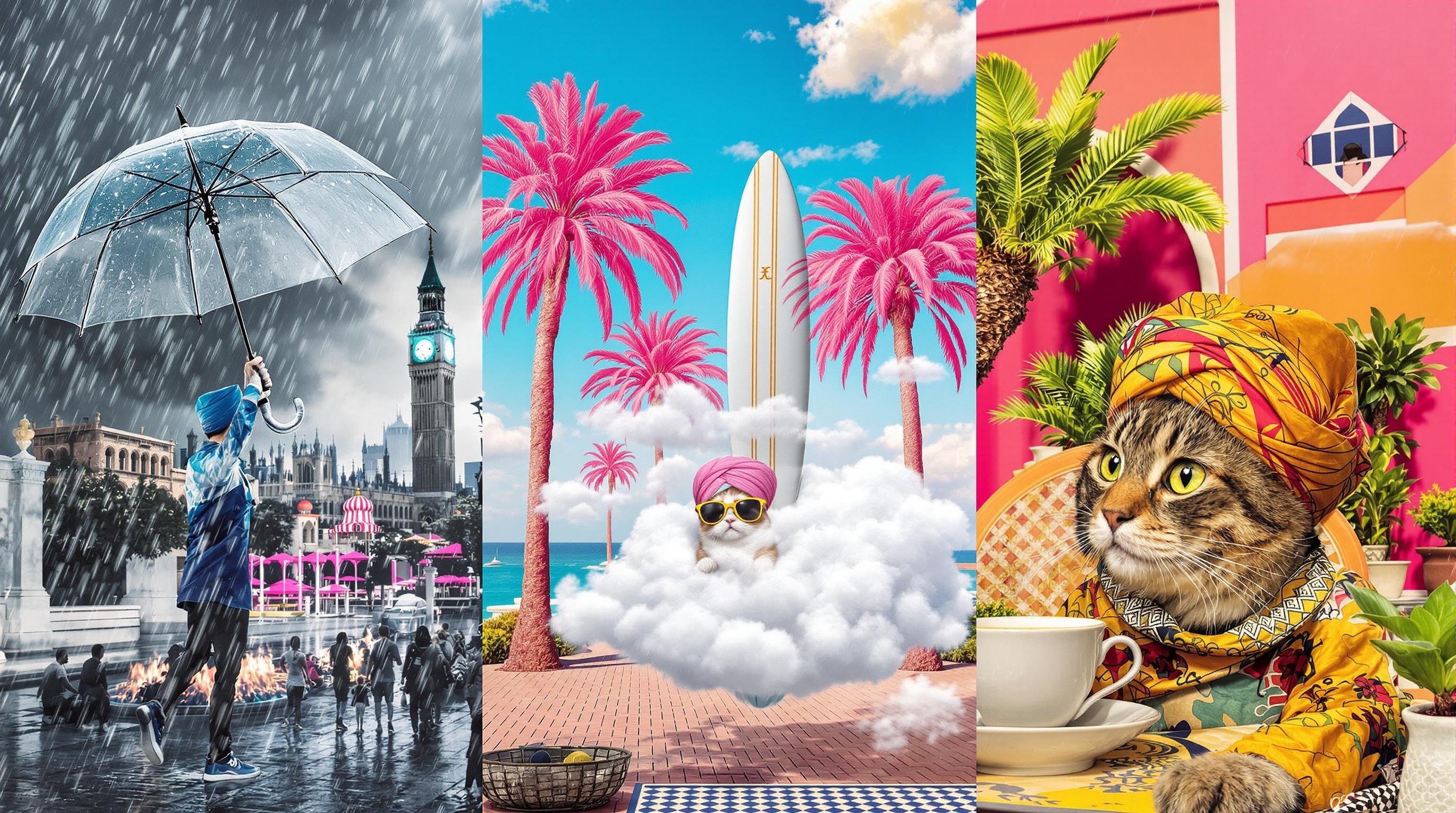 Montage Instagram : Londres pluvieux, LA en néon, Marrakech saturée de couleurs.