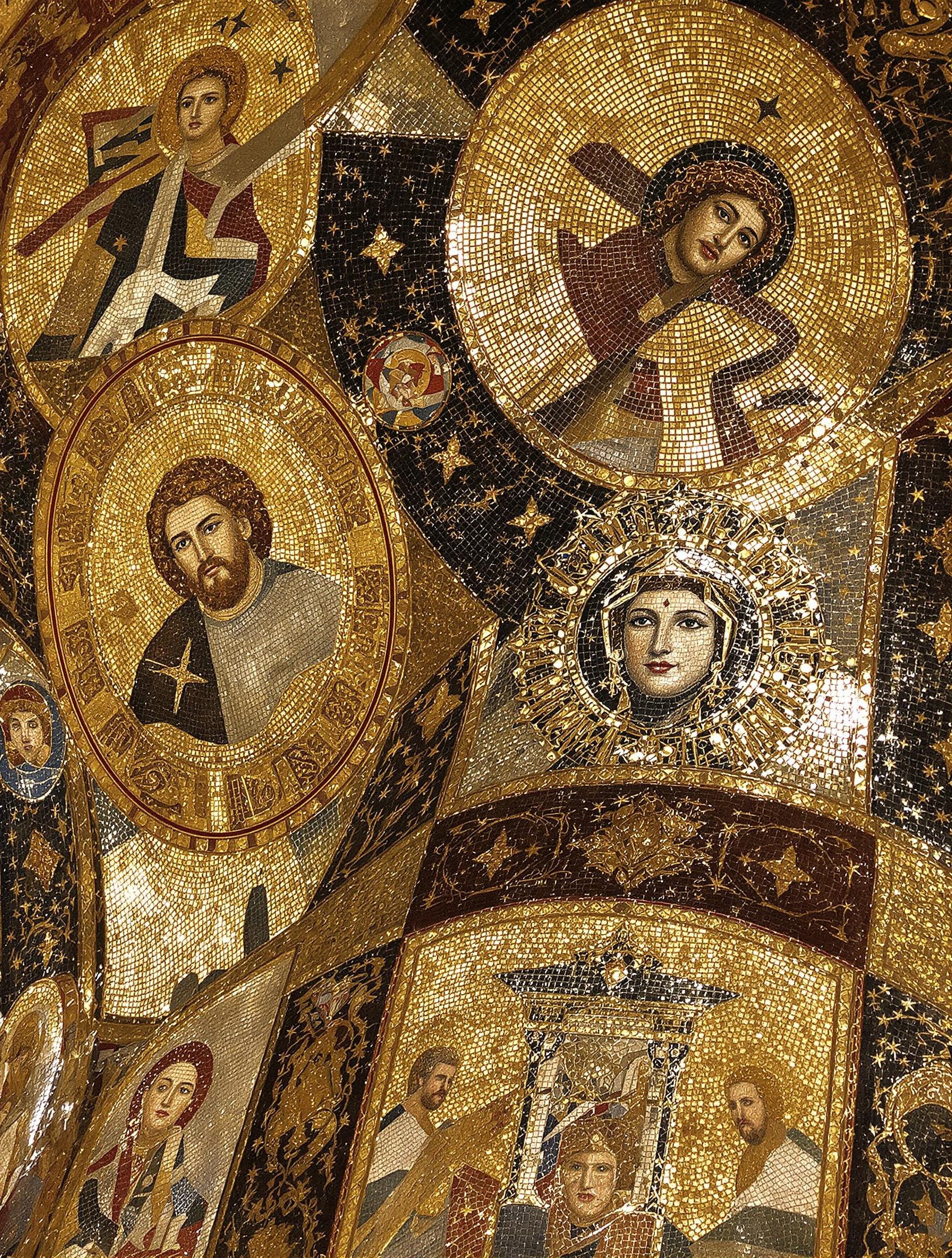 Mosaïques dorées de la Basilique Sainte-Marie-in-Trastevere, détails byzantins mystérieux, style Pietro Cavallini.
