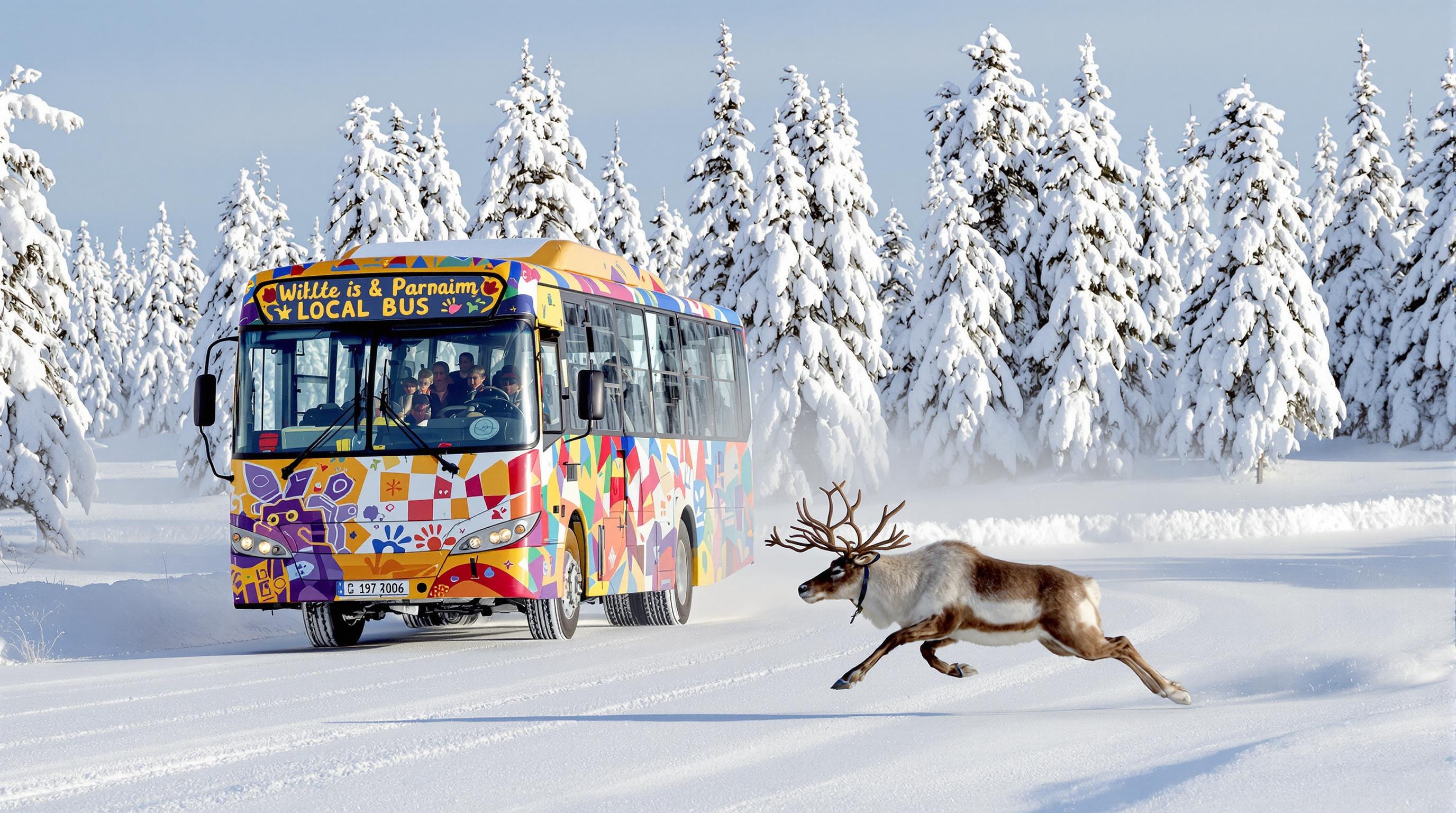 Navette locale en Laponie avec un renne traversant une route enneigée