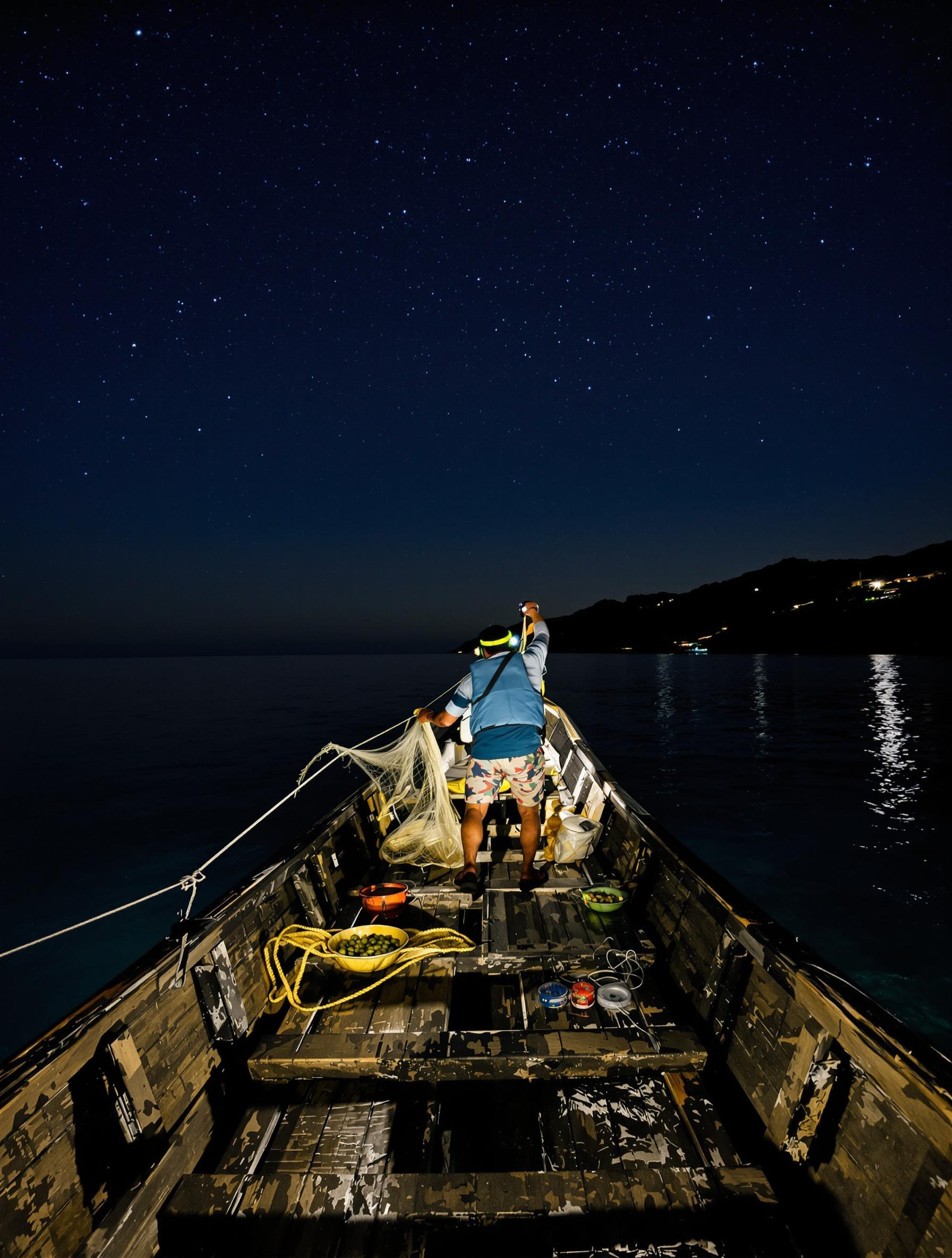 Pêche nocturne caïque Panarea nuit étoilée lampe frontale olives vertes