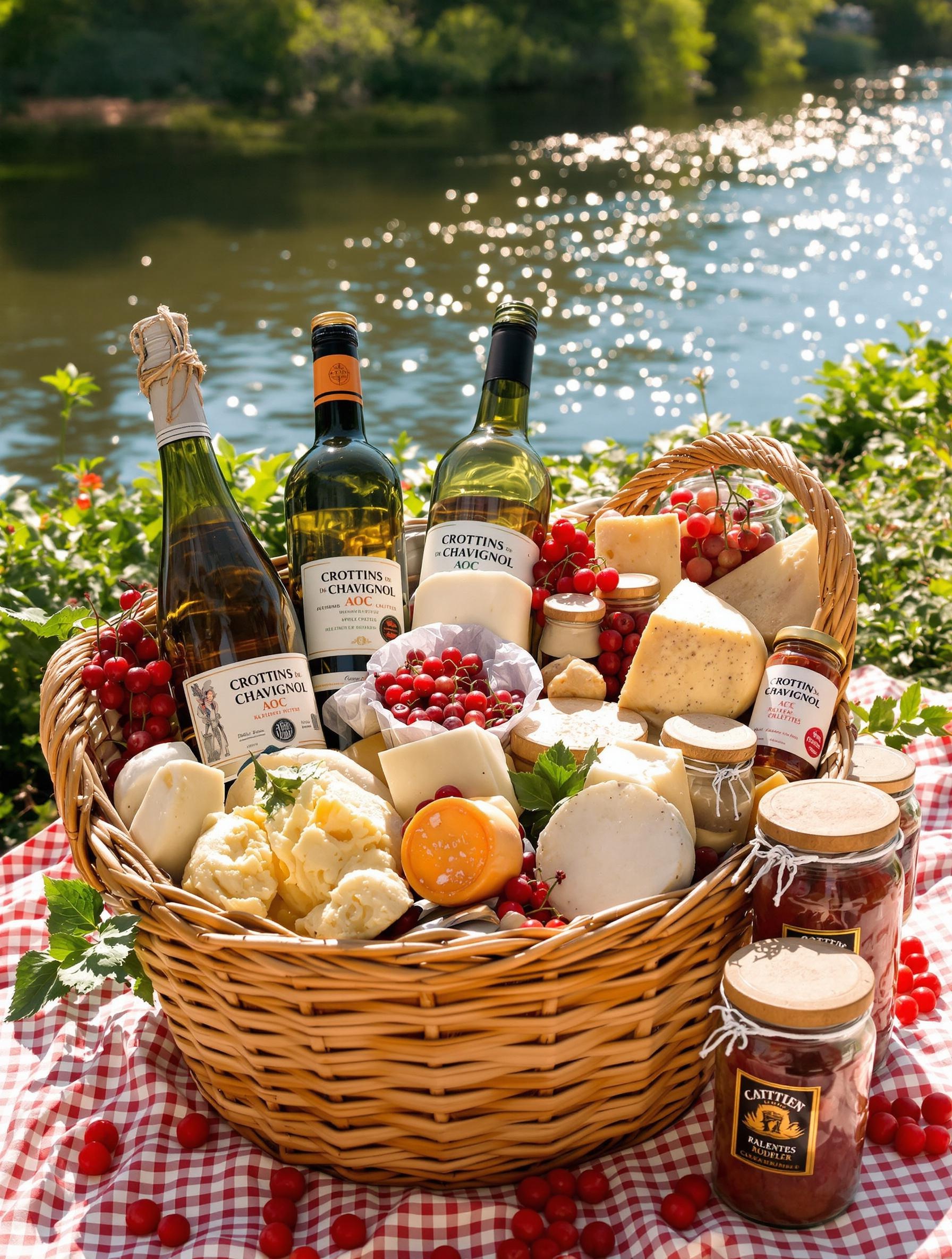 Panier terroir du Val de Loire avec crottins, vins et rillettes.