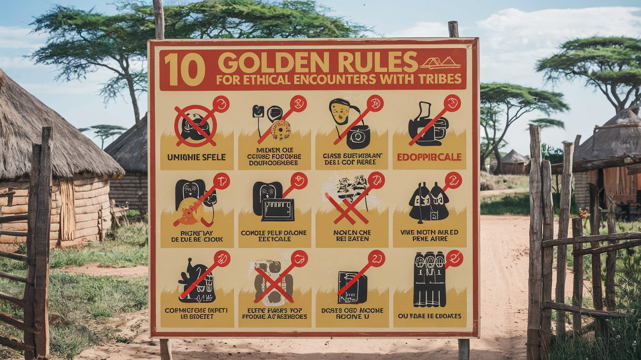 Panneau illustrant les 10 règles d'or pour rencontrer les tribus africaines