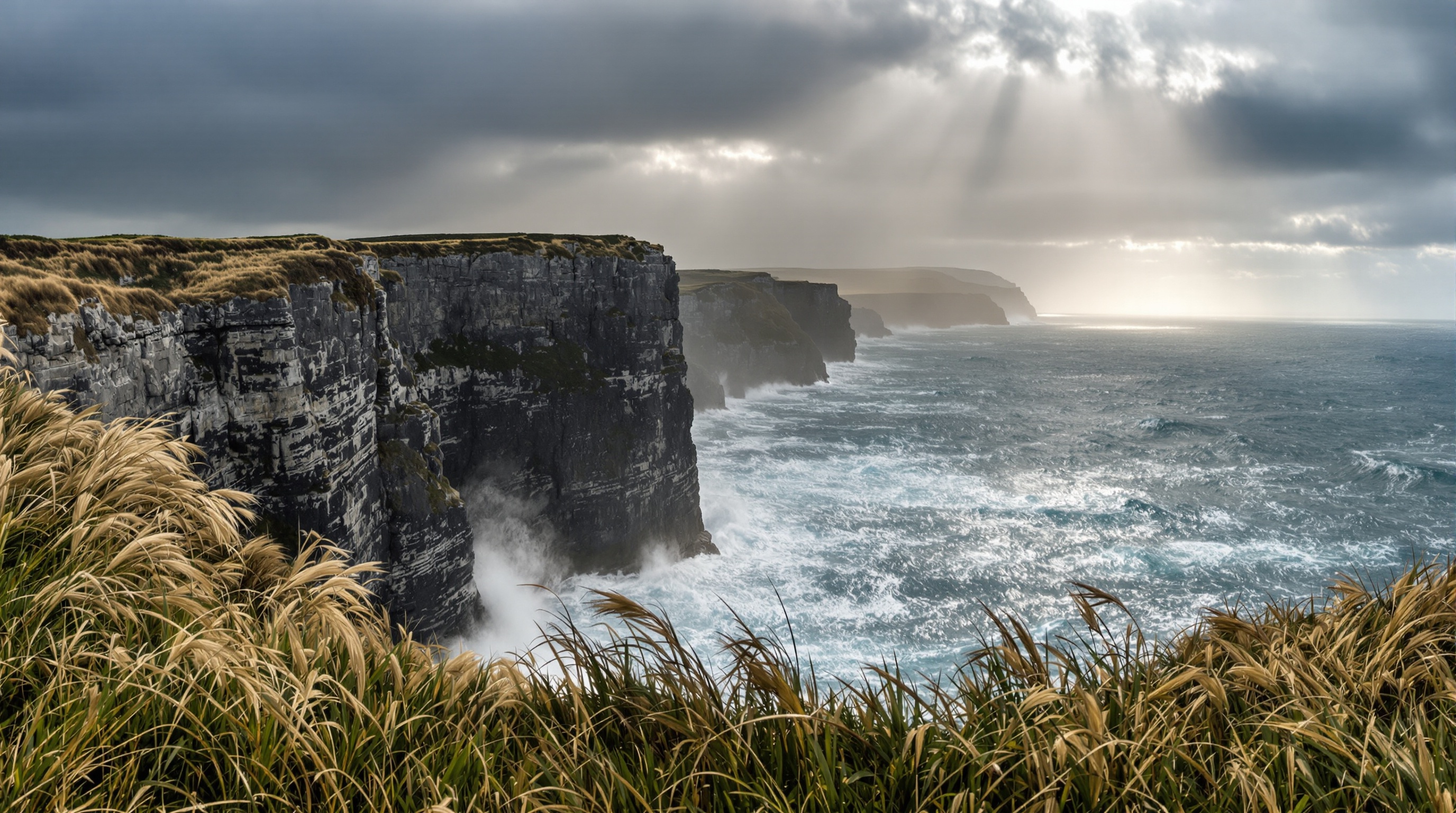 Vue panoramique de la côte sauvage du Cotentin avec falaises abruptes et vagues