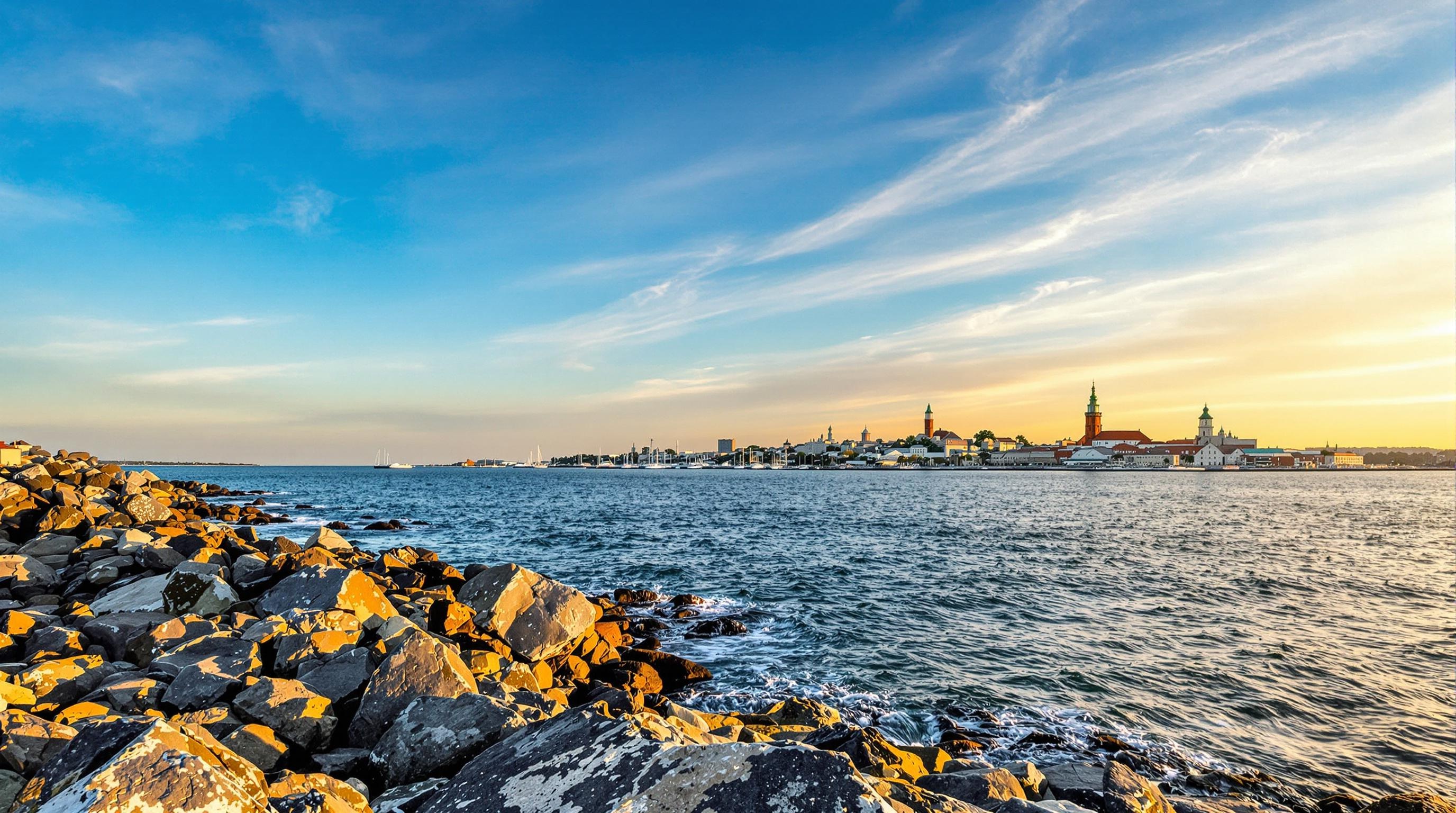 Photo panoramique du front de mer d’Helsinki avec vue sur Suomenlinna et les rochers côtiers.
