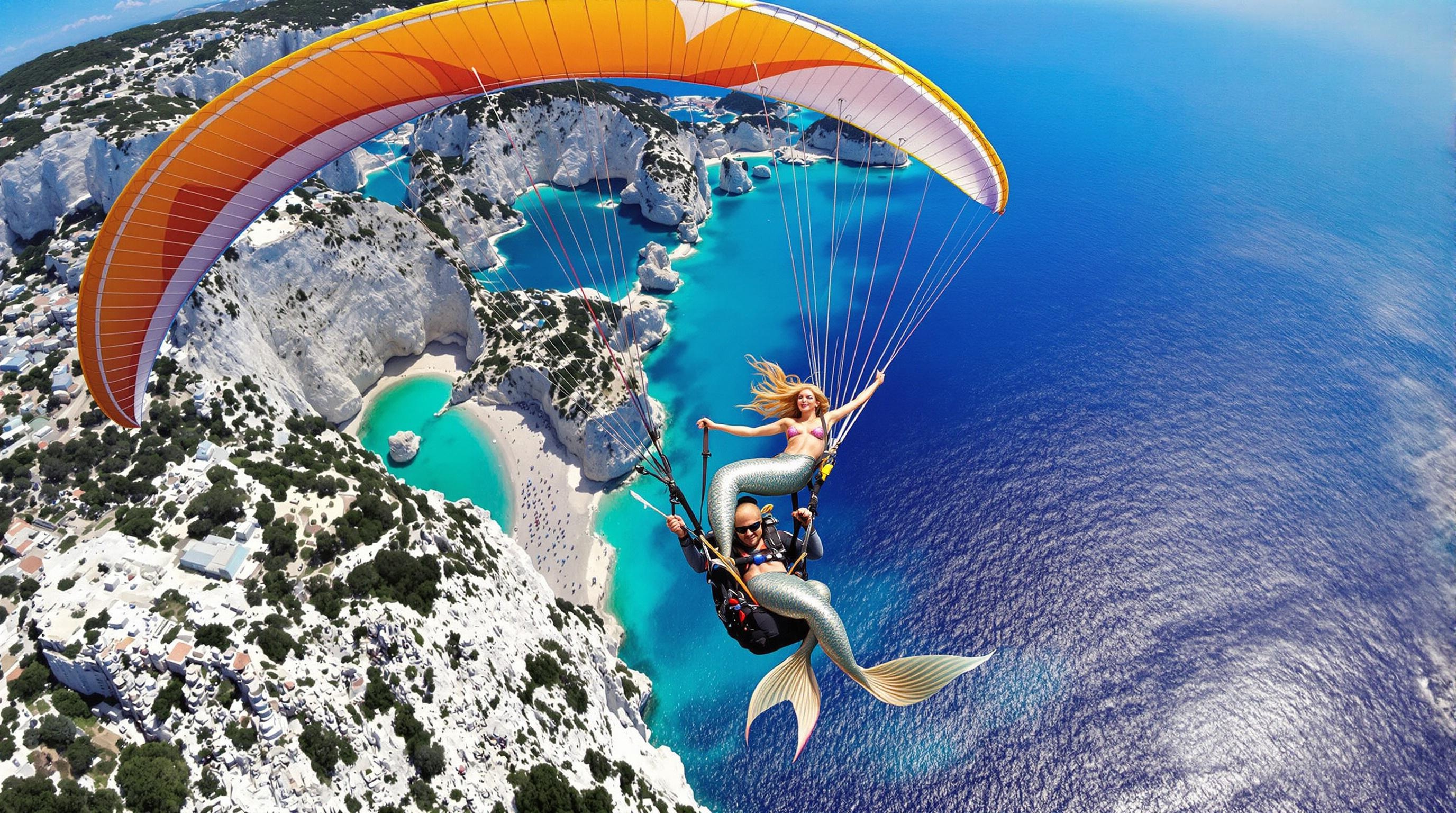 Parapente Corfou sirène accrochée à l'aile ciel Ionien