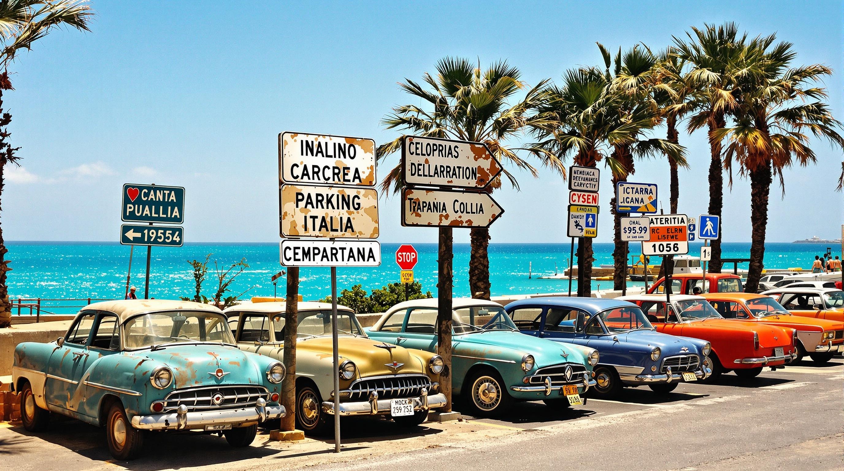 Parking improvisé près du port de Trapani, voitures anciennes, panneaux italiens cabossés, fond de mer azur et palmiers.