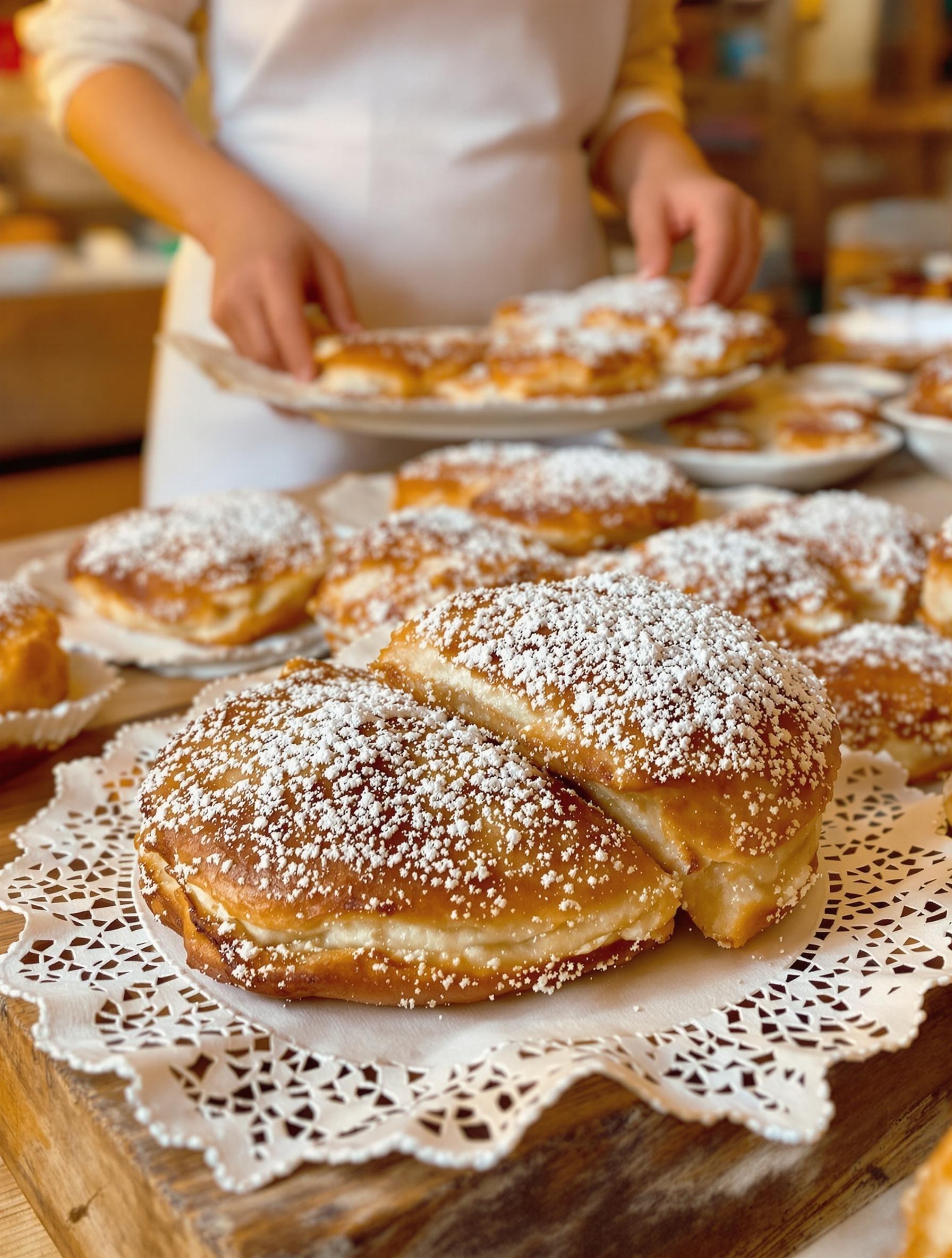 Genovesi ericine : pâtisseries dorées poudrées de sucre glace, sur napperon ancien dans une pâtisserie artisanale d’Erice.