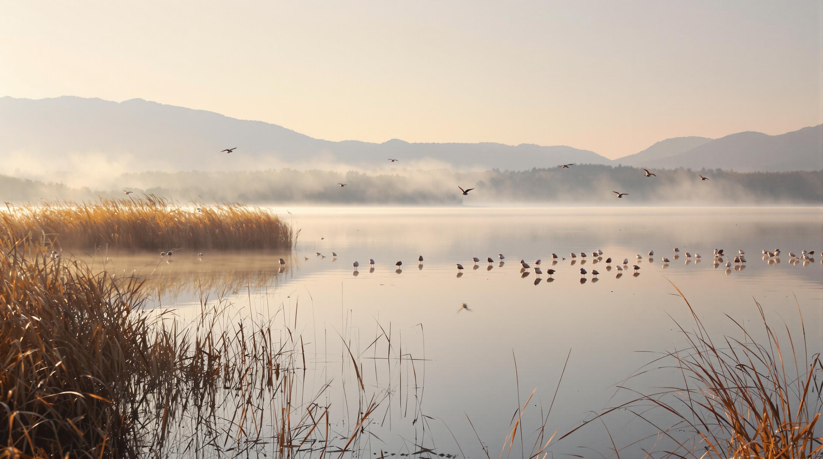 Paysage lacustre du lac Korission à Corfou au lever du jour avec brume sur l’eau et oiseaux migrateurs.