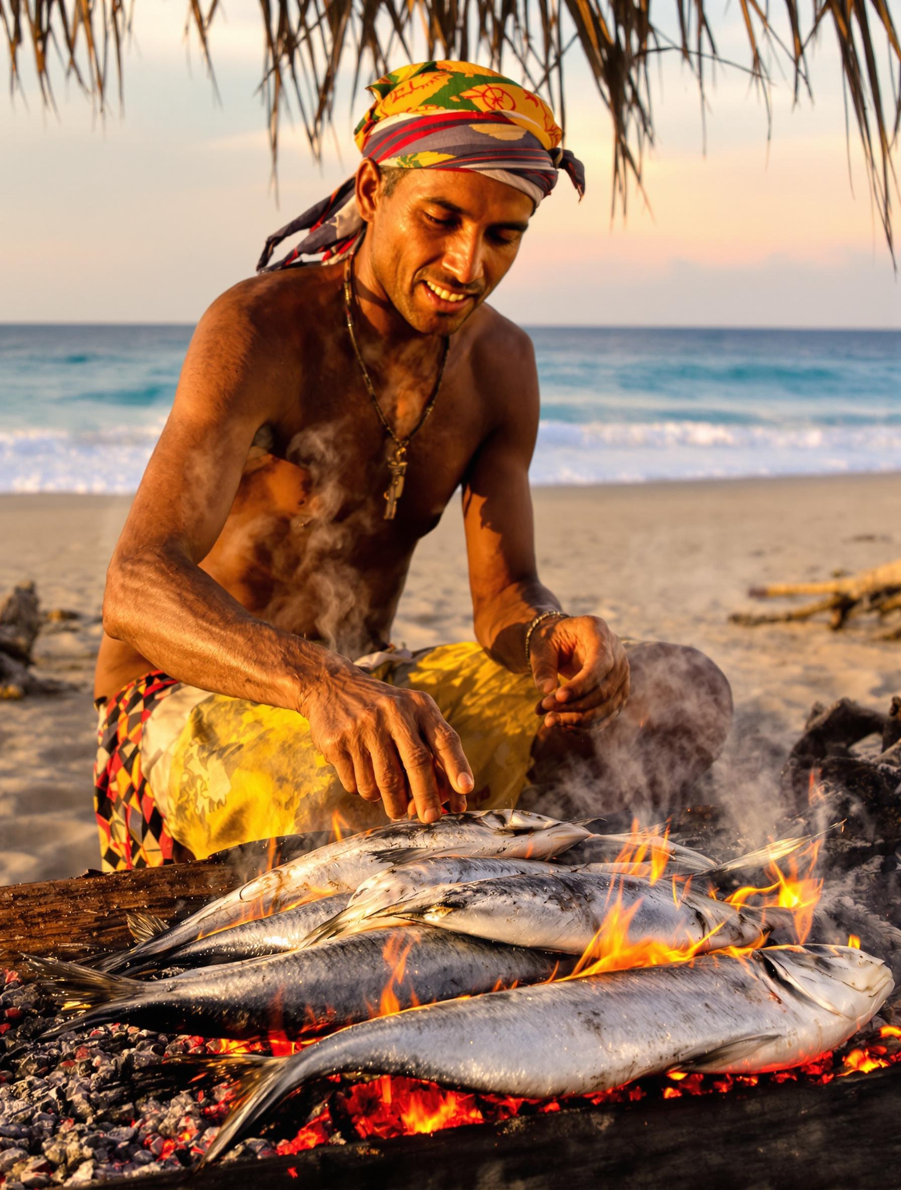 Pêcheur Sasak grillant du poisson sur la plage