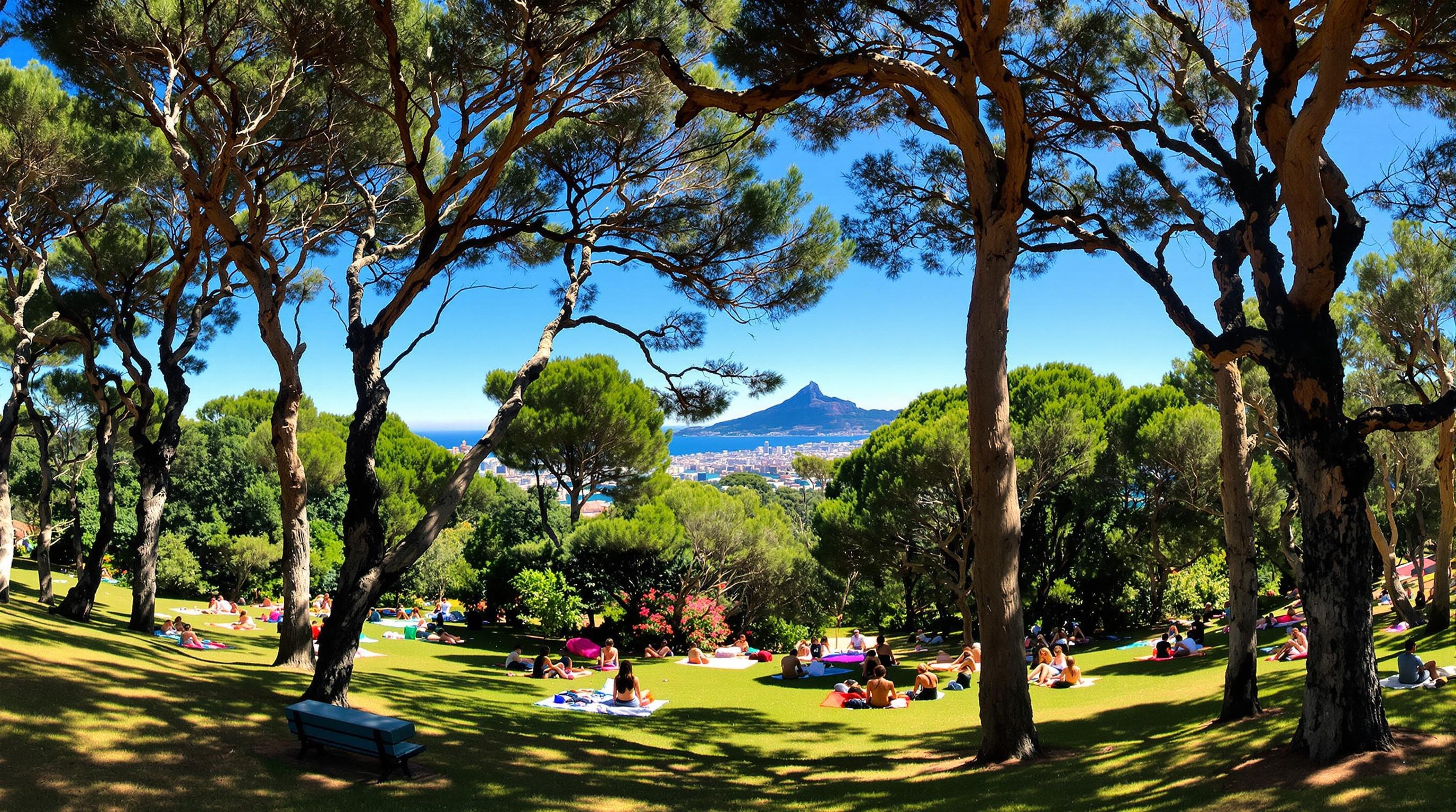 Panorama du Parc Perdicaris : forêt d’eucalyptus, bancs granit et vue Gibraltar