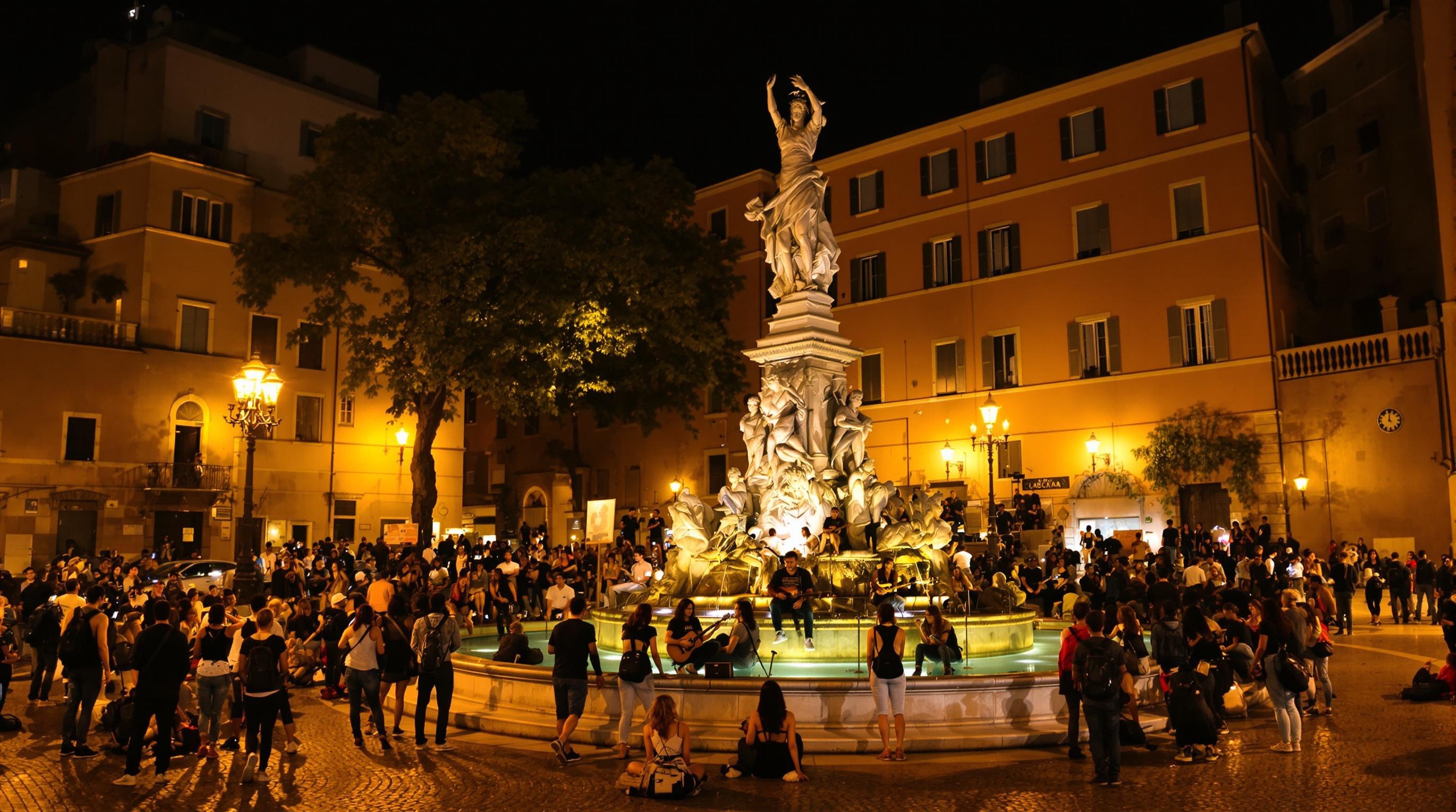 Piazza Trilussa à Trastevere animée la nuit : foule bigarrée, musiciens, ambiance électrique sous statue et fontaine.