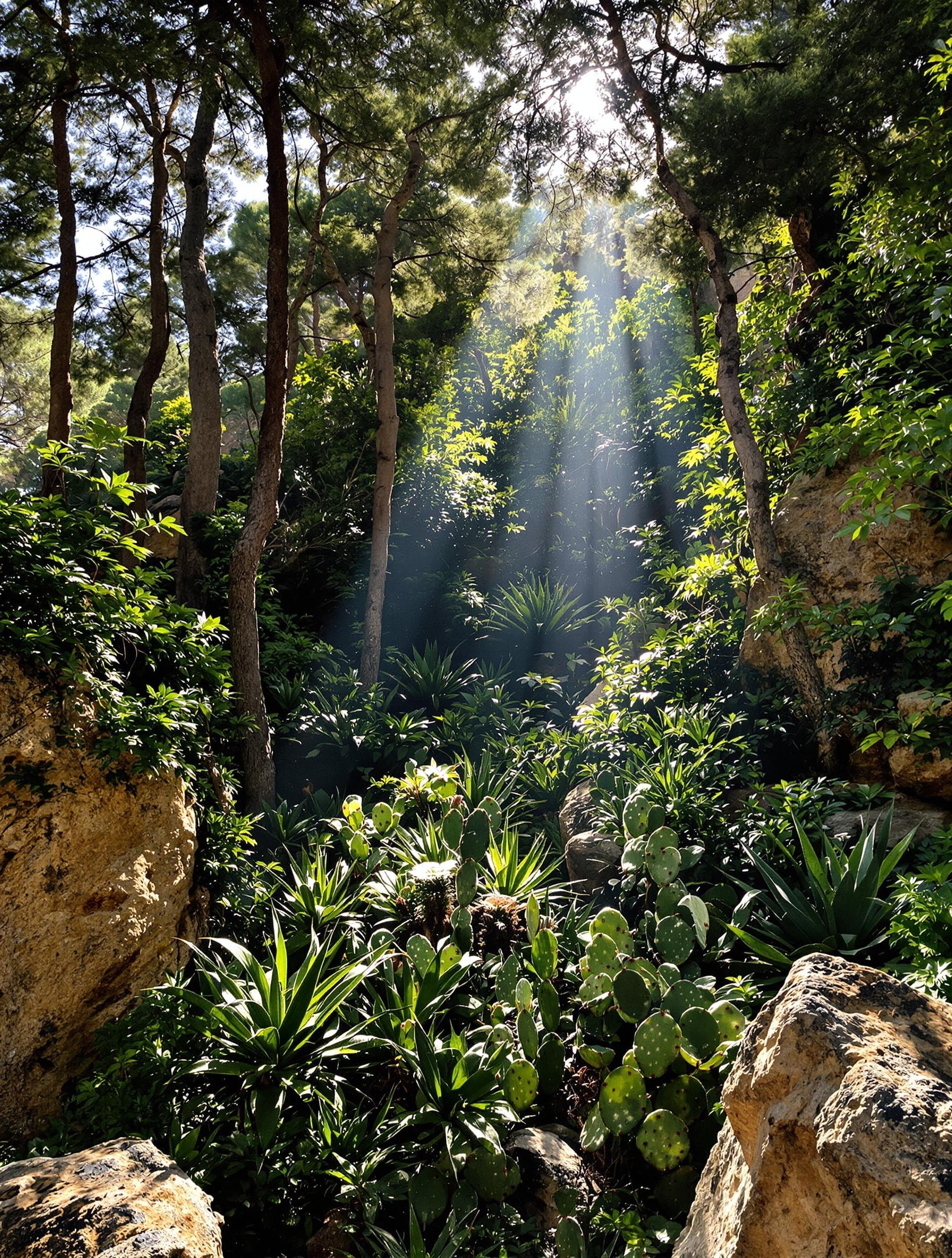 Pinède luxuriante avec cactus Opuntia à Grotta Grattara