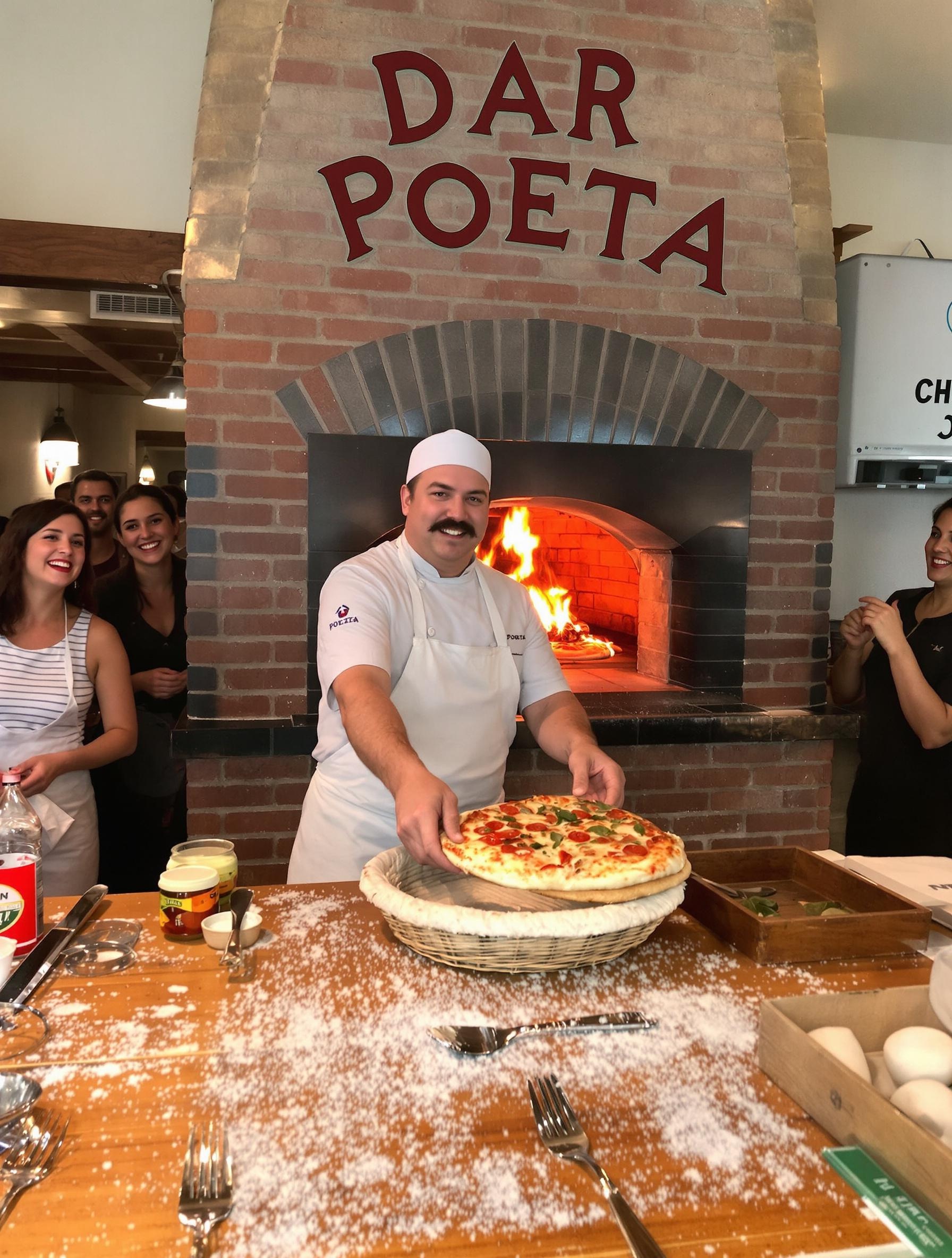 Pizzaiolo moustachu chez Dar Poeta jetant une pizza au four dans l’ambiance bruyante.