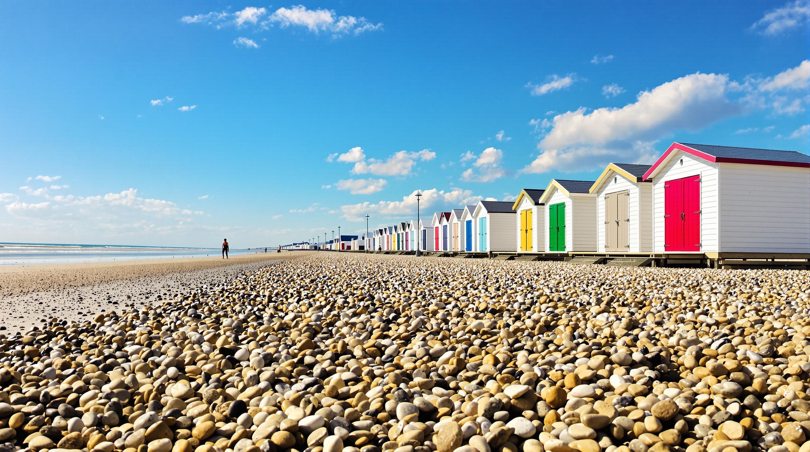 Cayeux-sur-Mer, cabines blanches sur chemin de planches, galets à perte de vue.