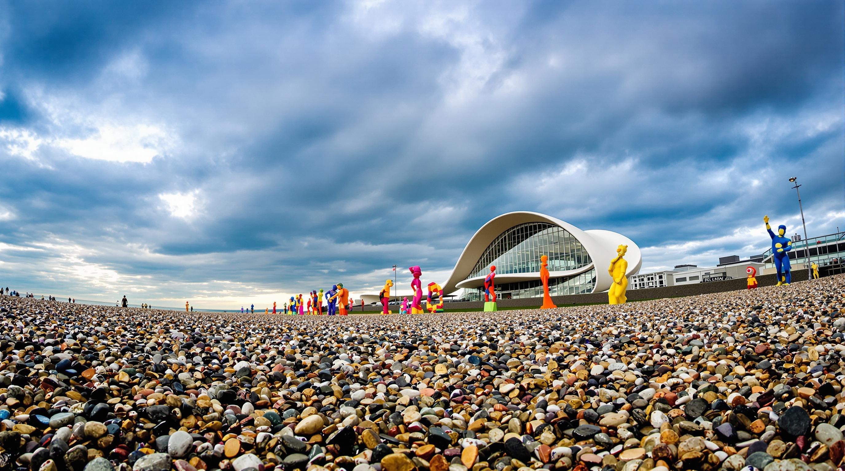 Plage de galets au Havre avec le Volcan de Niemeyer et des œuvres d'art contemporain