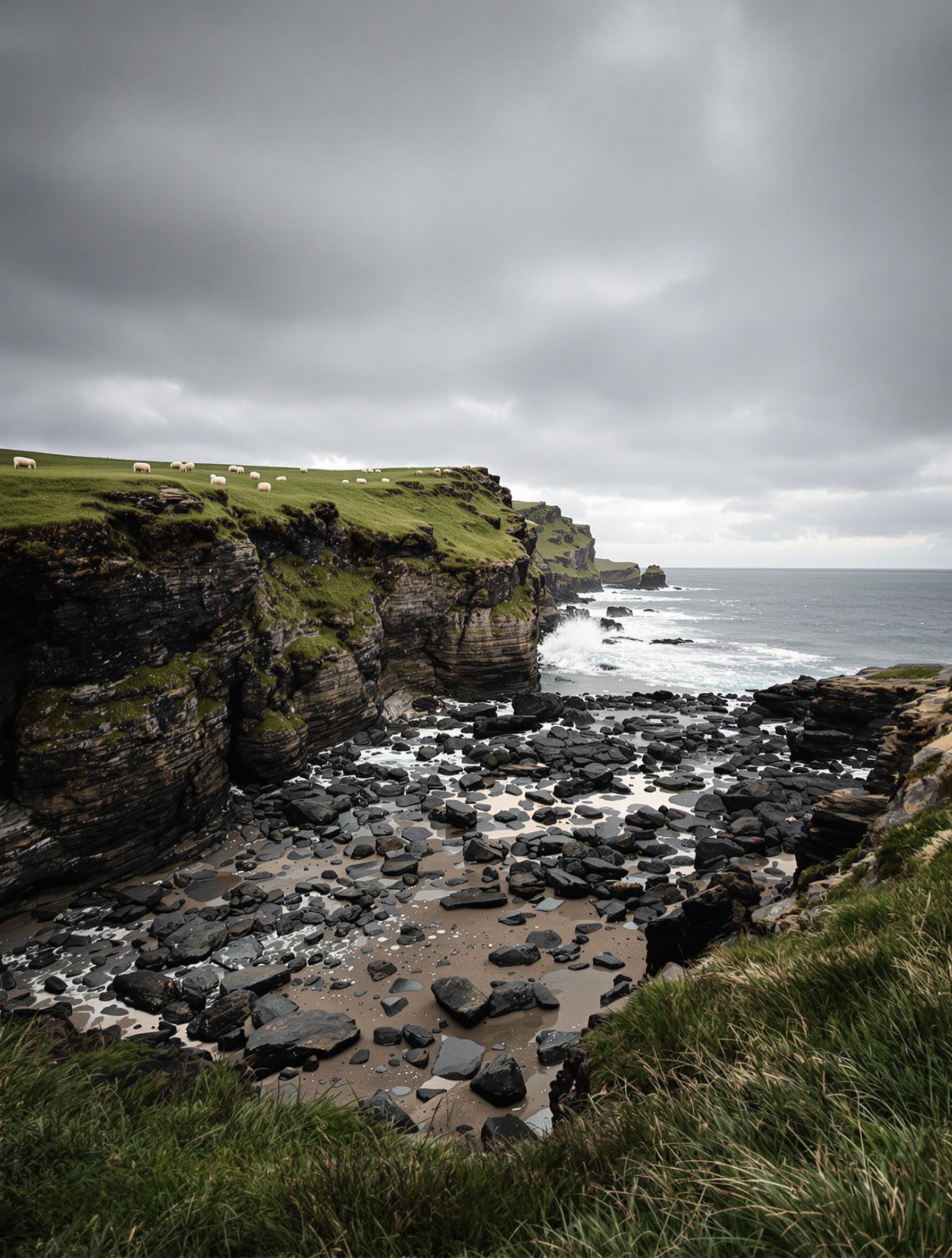 Plage sauvage à Fishguard, moutons et falaises, lumière atlantique