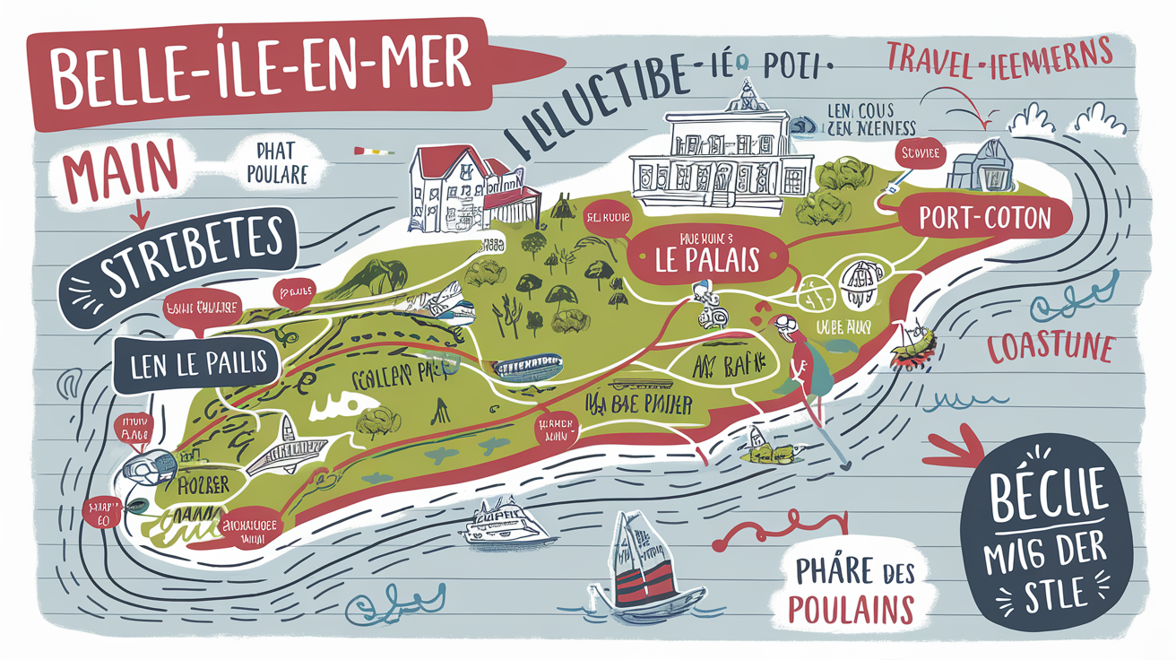 Plan illustré Belle-Ile bus principaux points GR340