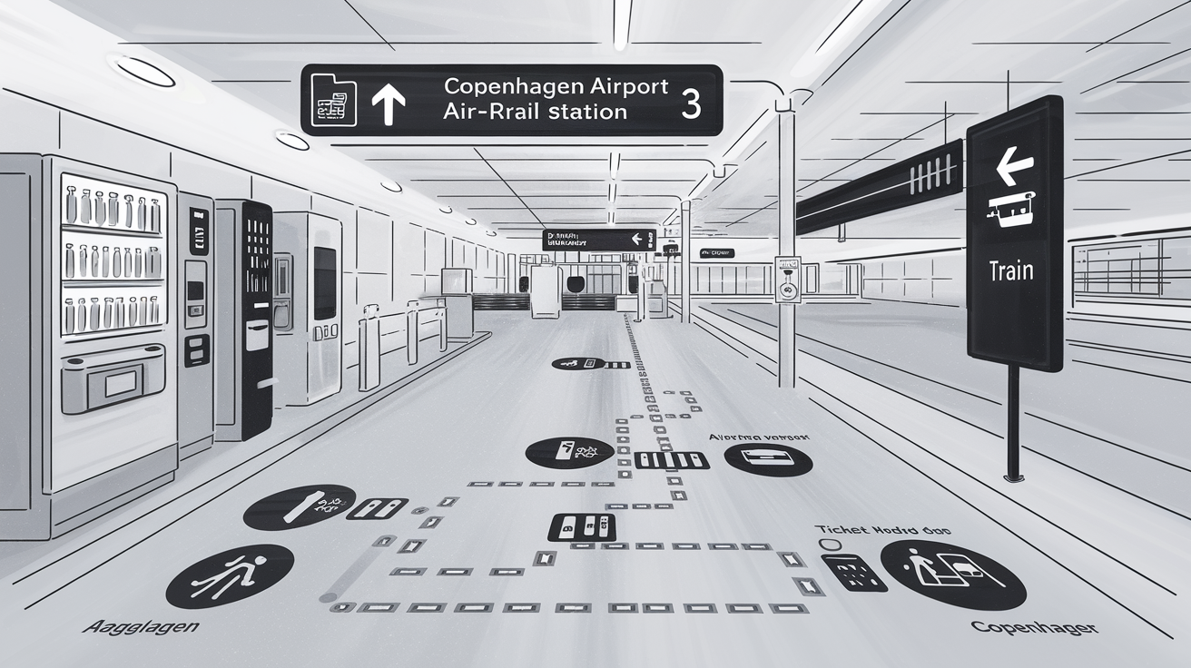 Plan de l'aéroport de Copenhague montrant l'itinéraire vers le train au terminal 3