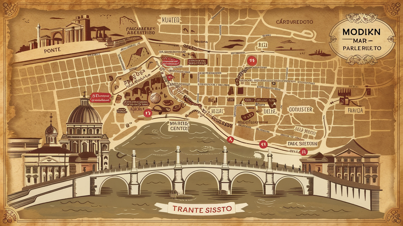 Plan reliant le centre historique de Rome à Trastevere via le Pont Sisto, trams et bus.