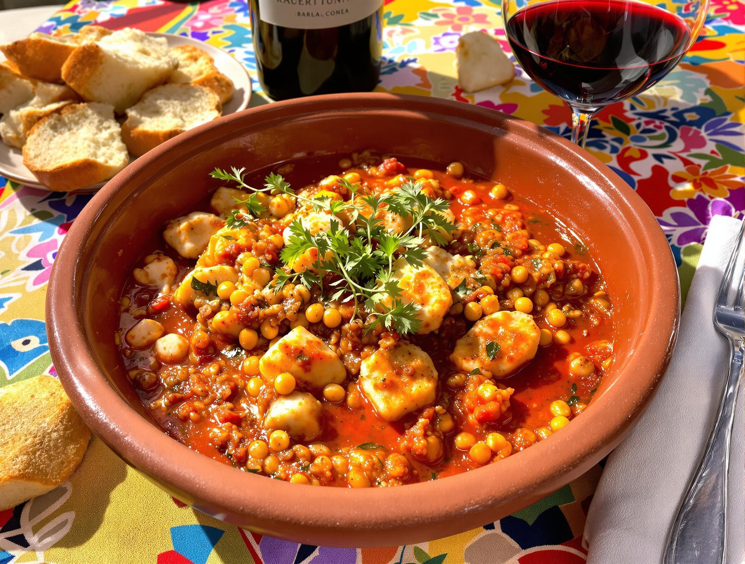 Raù ri tunnu : bol en terre cuite rempli de ragout sicilien aux petits poissons, sauce tomate épicée et pain local, ambiance conviviale.
