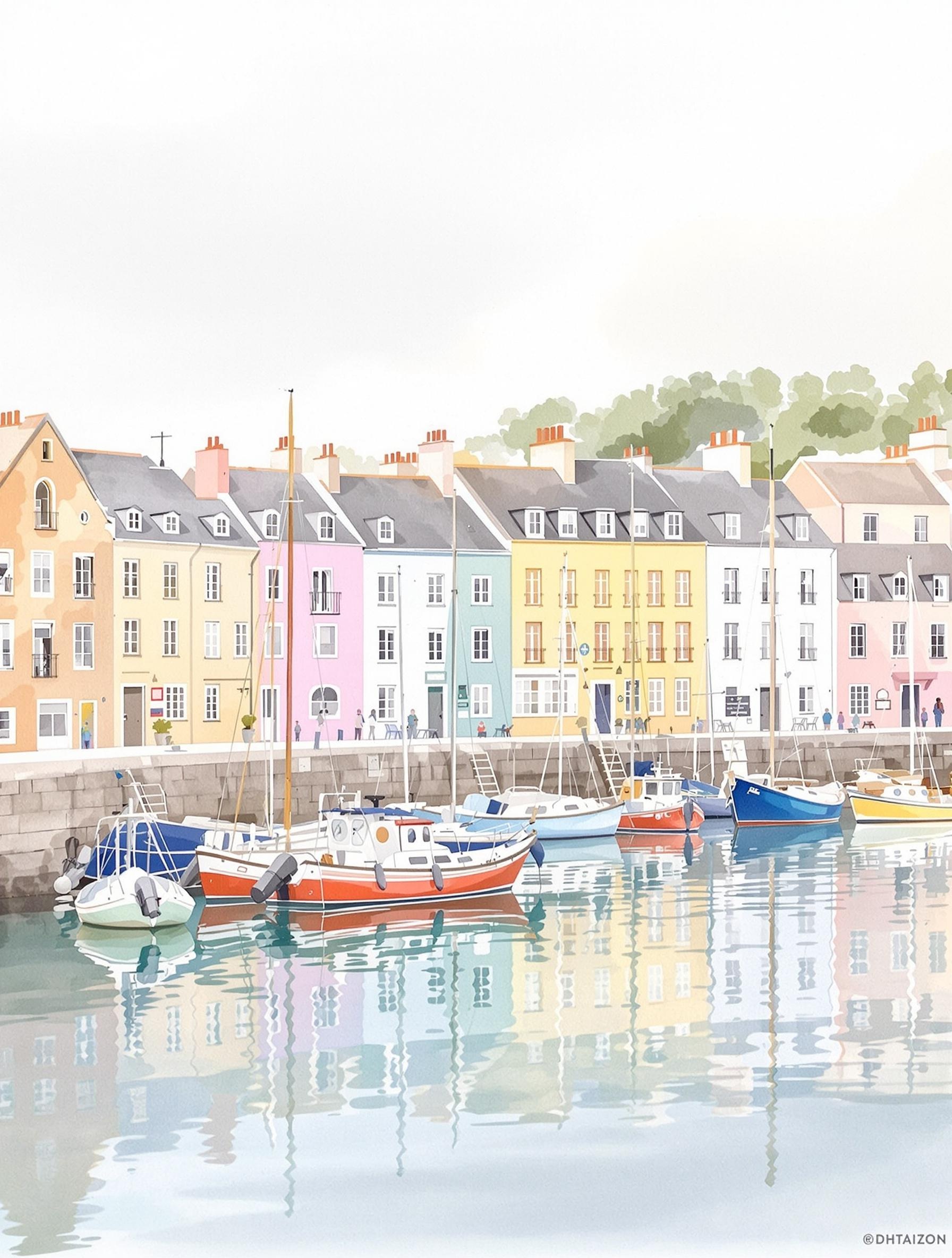 Port Sauzon maisons pastel reflets matin Belle-Ile