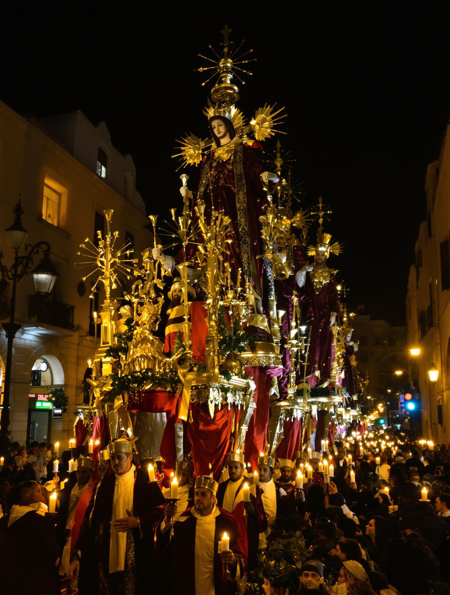 Procession nocturne Processione dei Misteri Trapani statues foule émotions