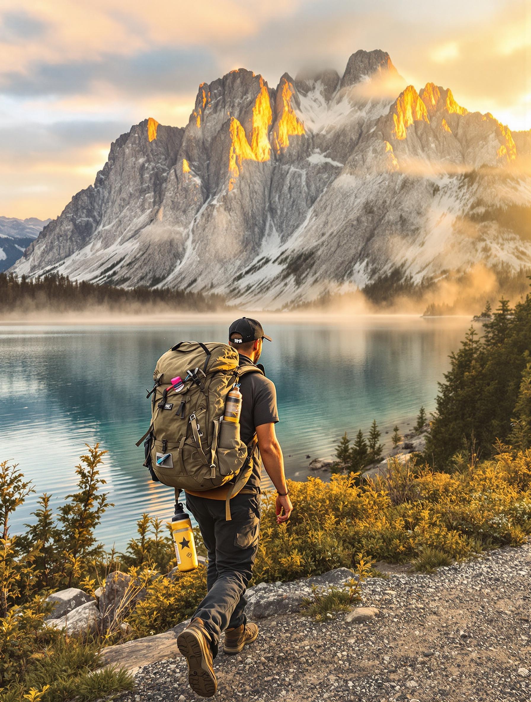 Trekkeur·se amateur·rice au lever du soleil, longeant le Hallstättersee devant le massif du Dachstein.