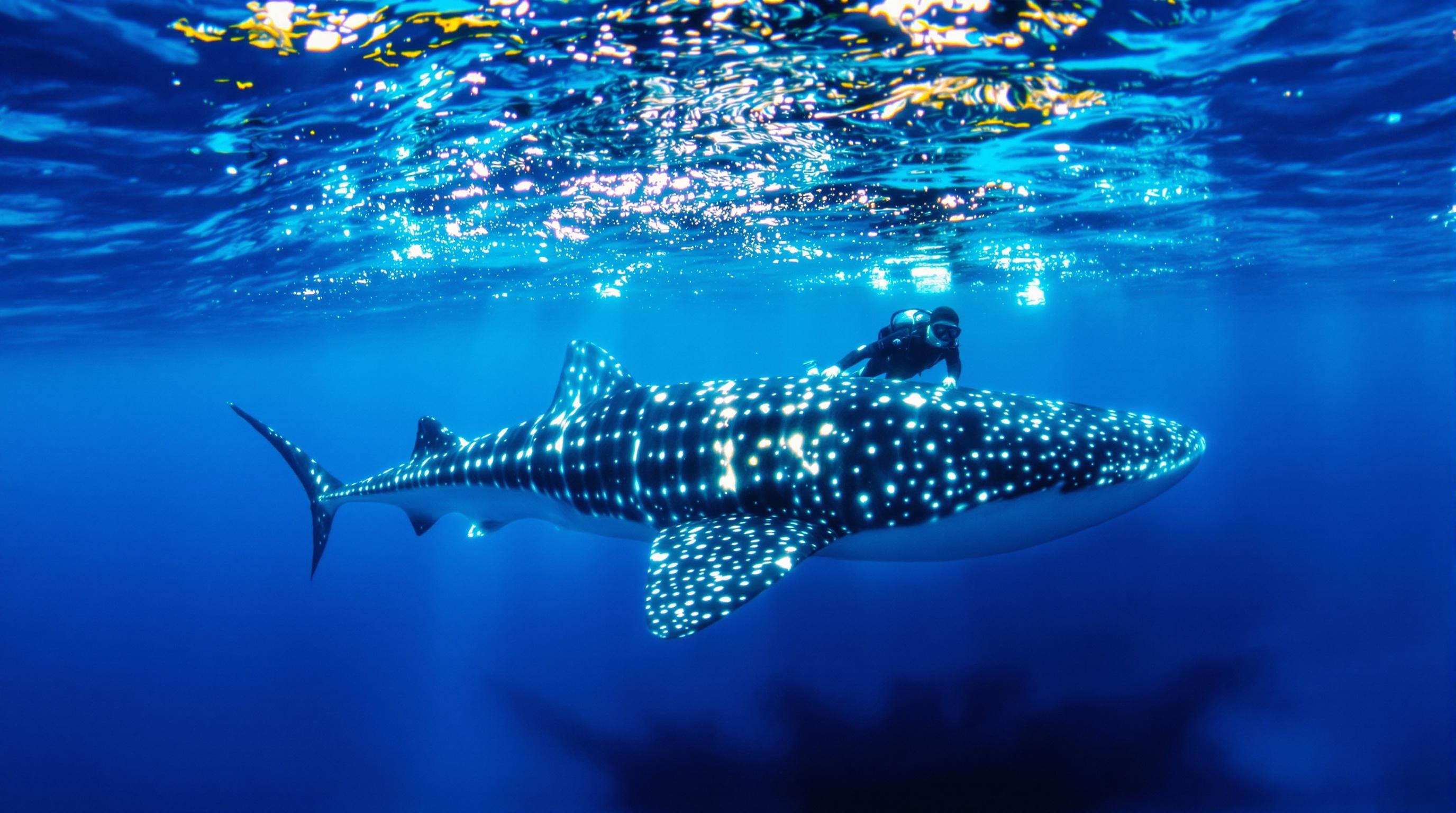 Un requin-baleine majestueux glissant près d’un plongeur à Zanzibar