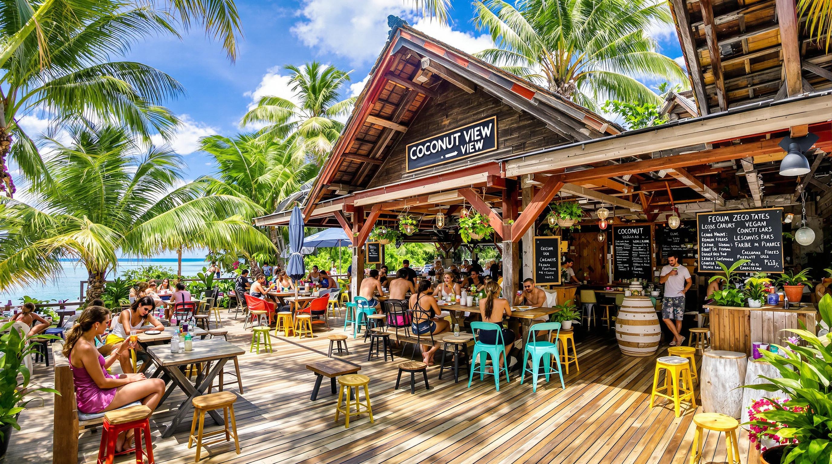 Restaurant éco-responsable Coconut View à Koh Tao, avec un menu vegan et une ambiance décontractée.
