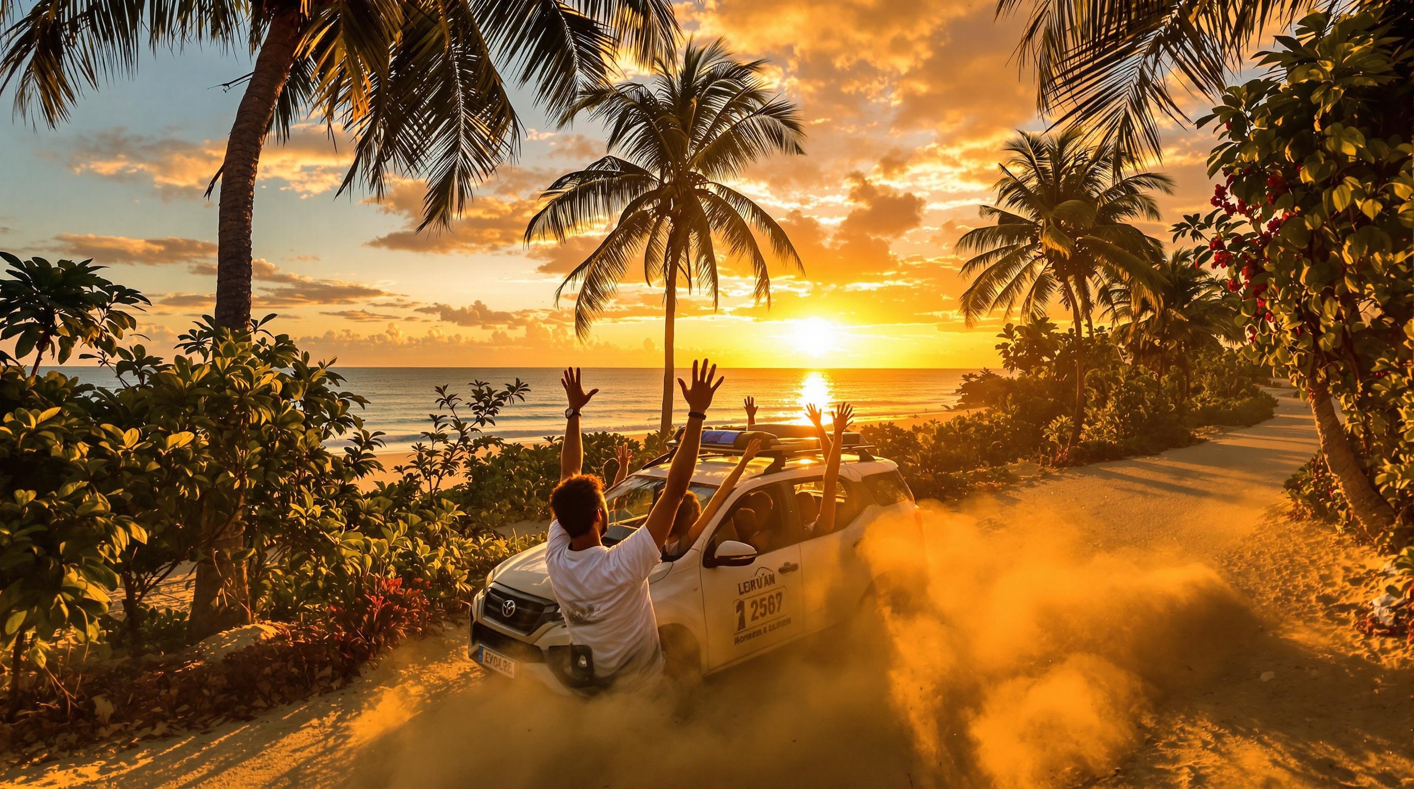 road-trip voiture between cocotiers Nungwi Kendwa coucher soleil