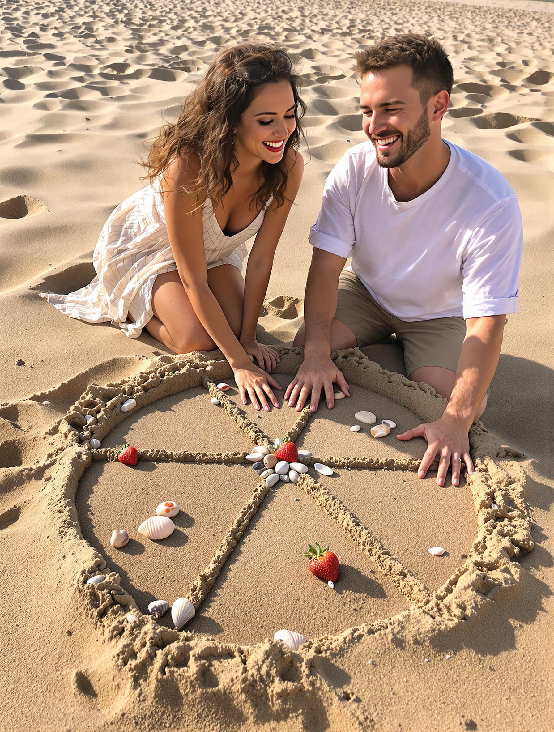 Roue dessinée dans le sable avec des objets posés dessus ; deux amoureux l'utilisent en riant pour tester différentes sensations.