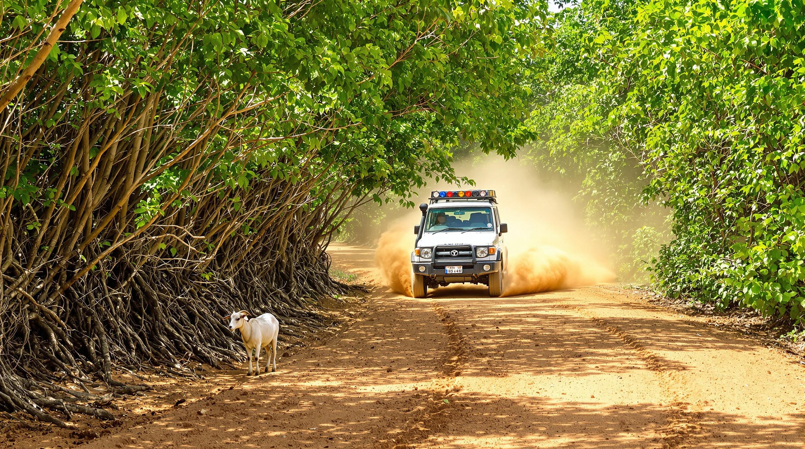 Route cabossée entre Uroa et Chwaka avec 4x4 blanc et chèvre en bordure