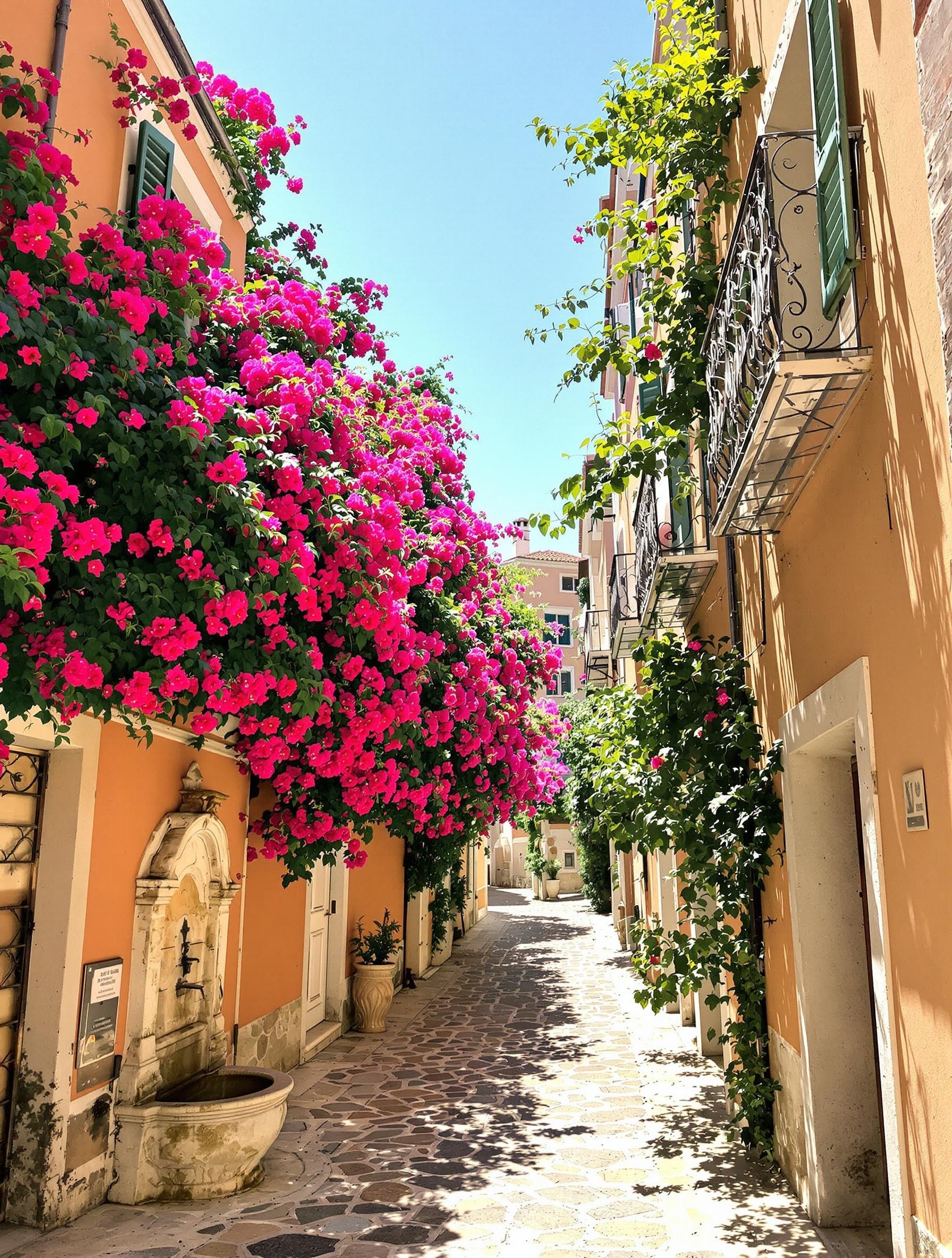 Ruelle médiévale de Kerkyra envahie par les bougainvilliers, pavés usés, façades ocre et fontaine ancienne.