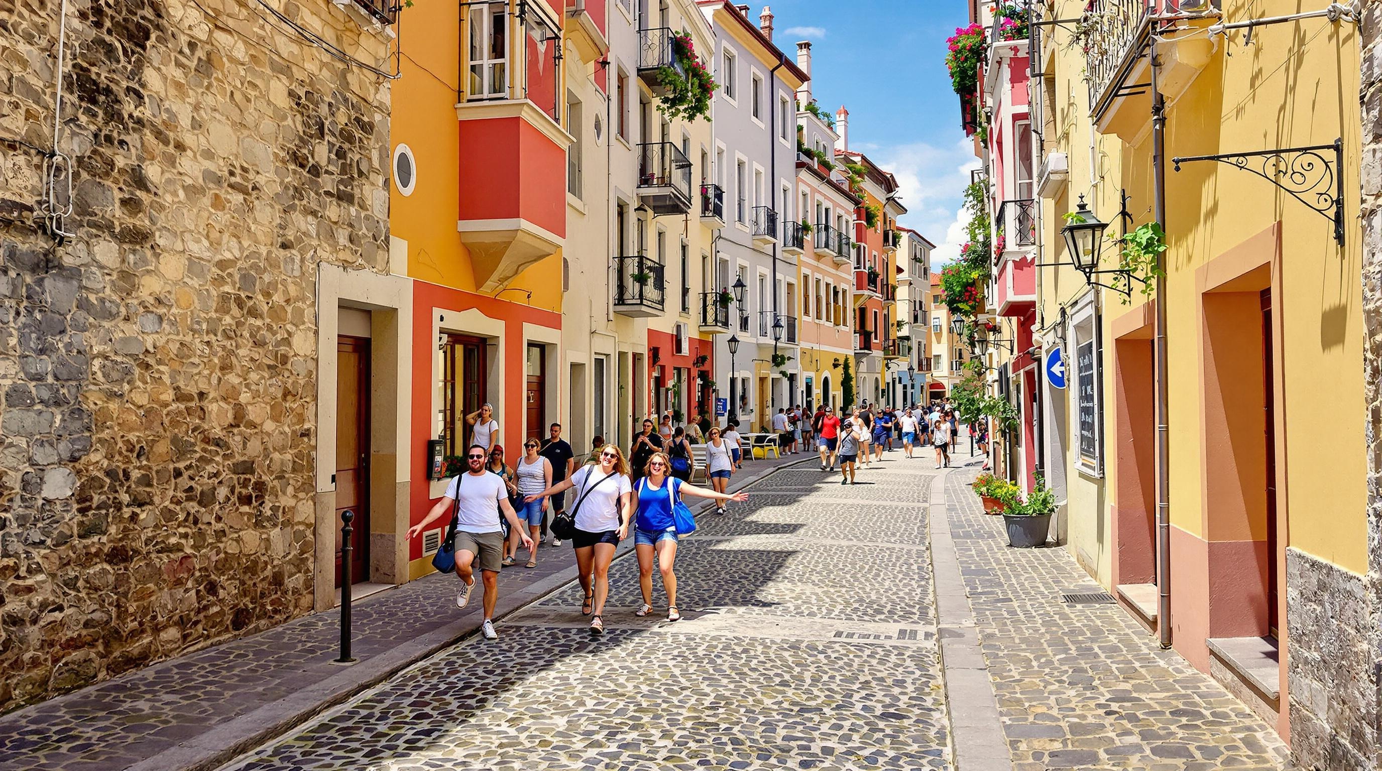 Ruelle pavée colorée pour un city-trip avec des voyageurs trébuchant