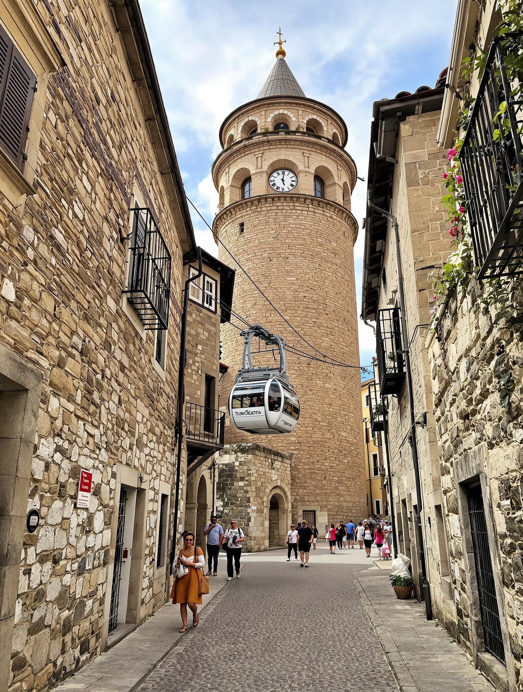 Ruelles pavées du village médiéval d’Erice, la funivia arrivant devant la Torre dell’Orologio, passants avec chapeaux et appareils photo, ciel légèrement nuageux.