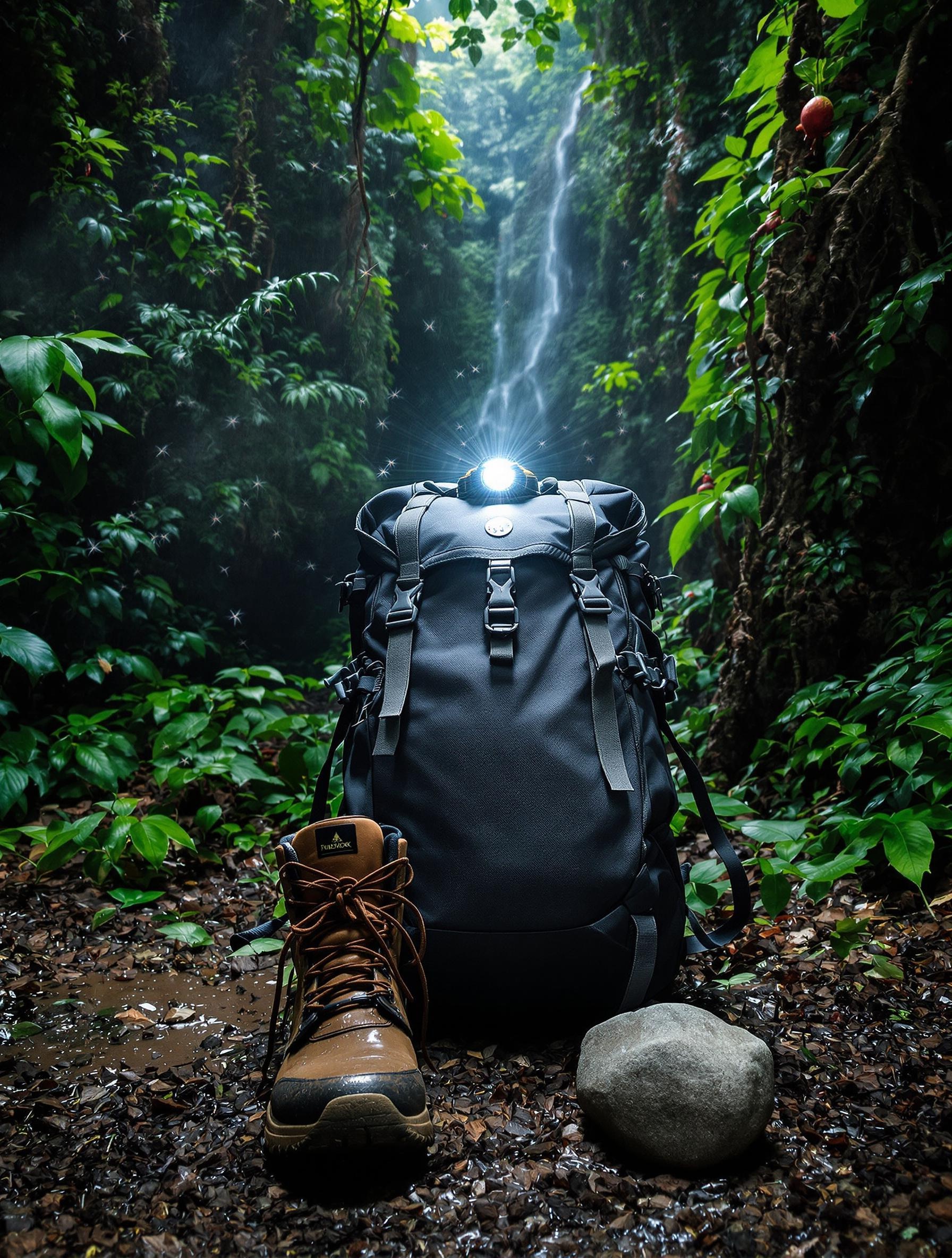 Sac d’aventurier devant la jungle de Khao Sok