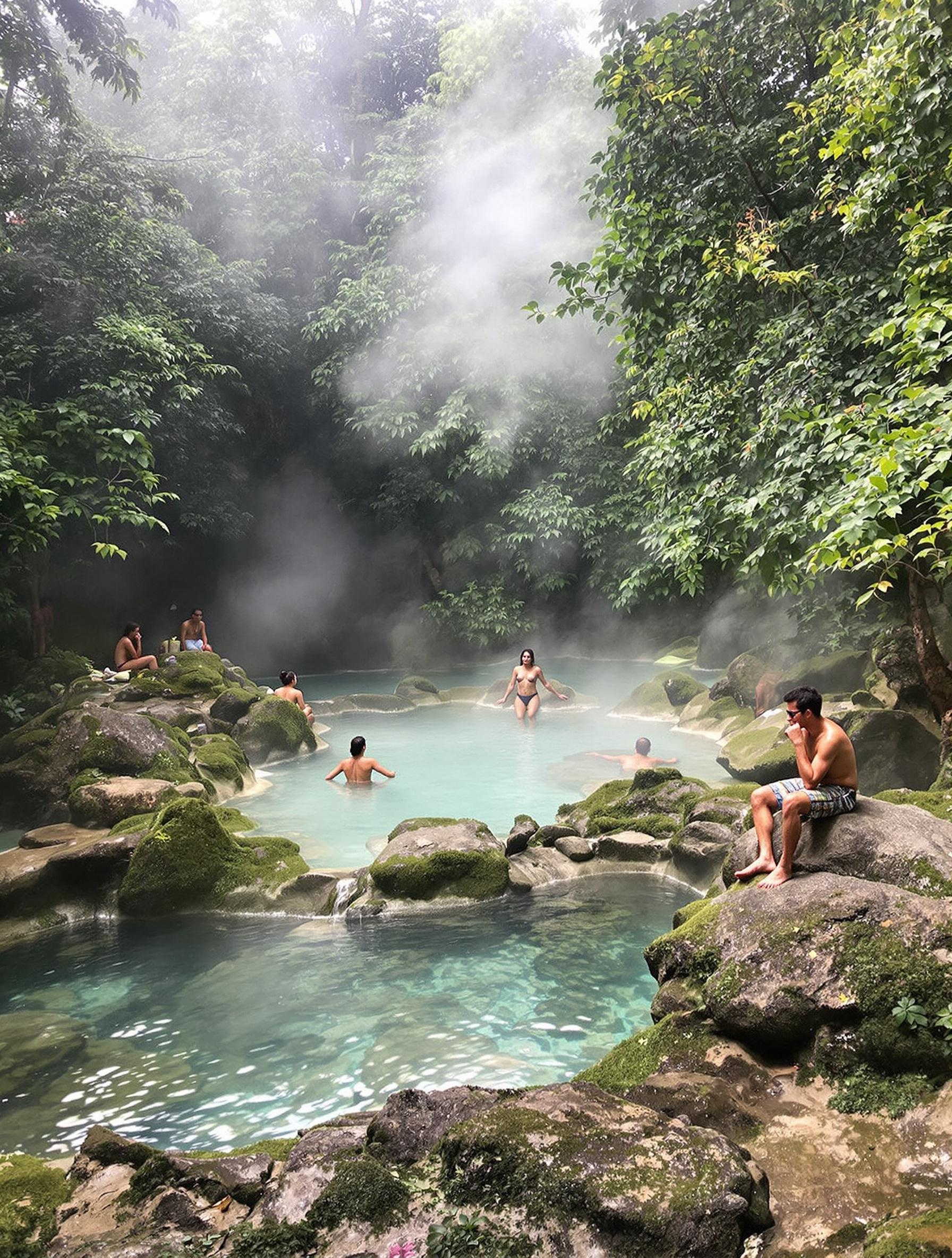 Sources chaudes naturelles Sai Ngam Hot Springs, bassin fumant en pleine jungle