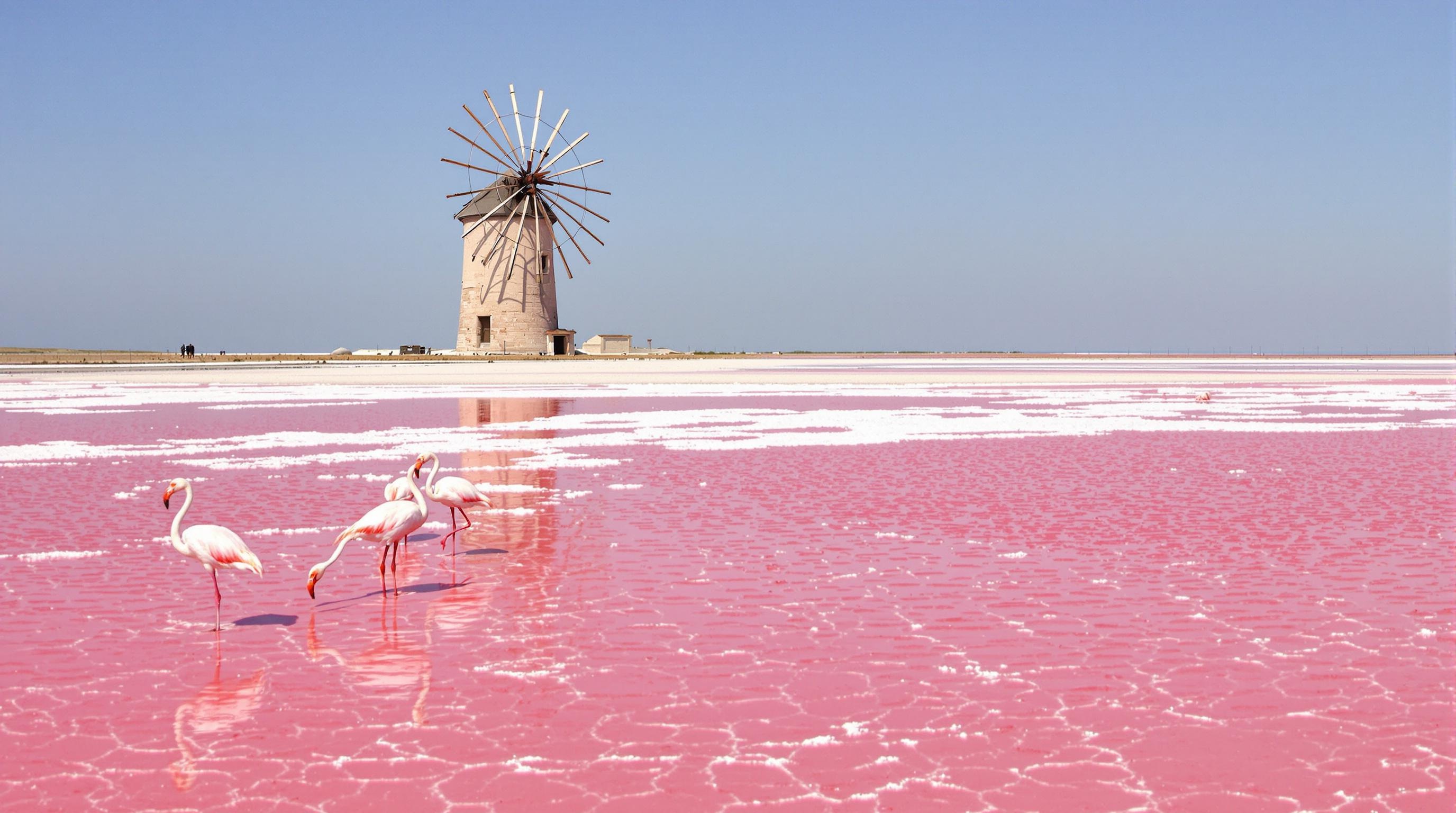 Salines de Trapani avec bassins roses, flamants roses en premier plan, moulin à vent ancien derrière, taches blanches de sel au sol